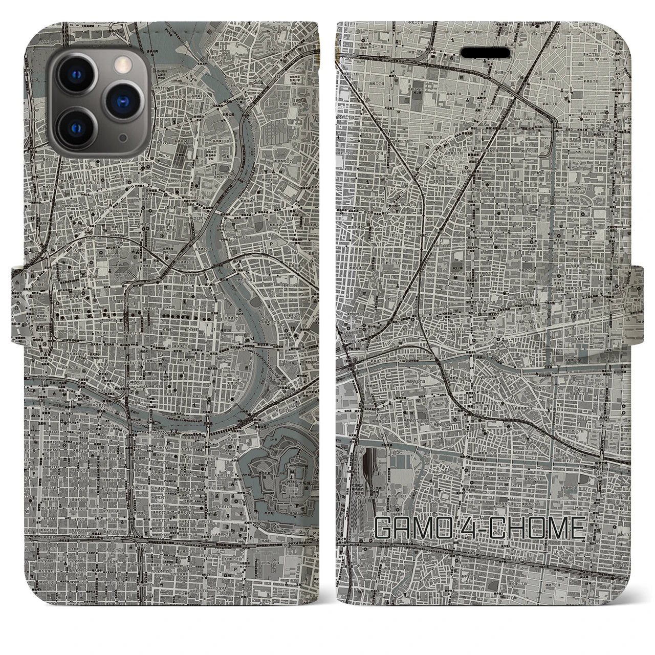 【蒲生四丁目(大阪府)】地図柄iPhoneケース(手帳タイプ)モノトーン・iPhone 11 Pro Max 用