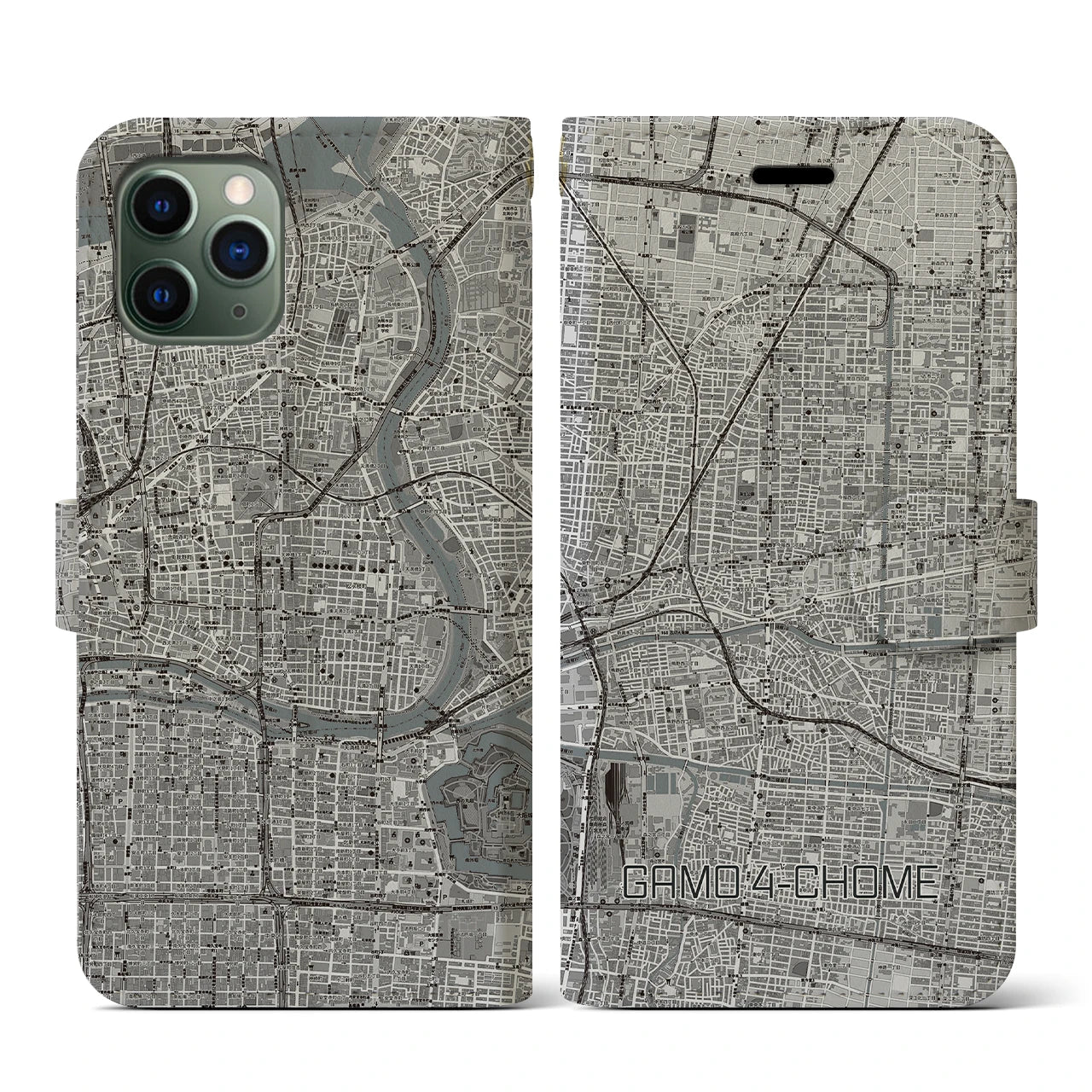 【蒲生四丁目(大阪府)】地図柄iPhoneケース(手帳タイプ)モノトーン・iPhone 11 Pro 用