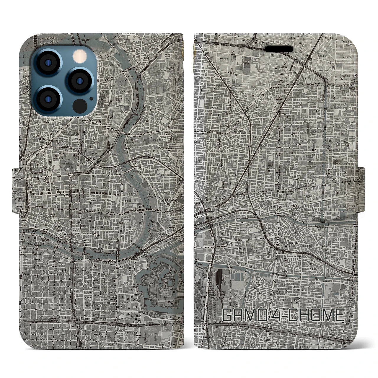 【蒲生四丁目(大阪府)】地図柄iPhoneケース(手帳タイプ)モノトーン・iPhone 12 / 12 Pro 用