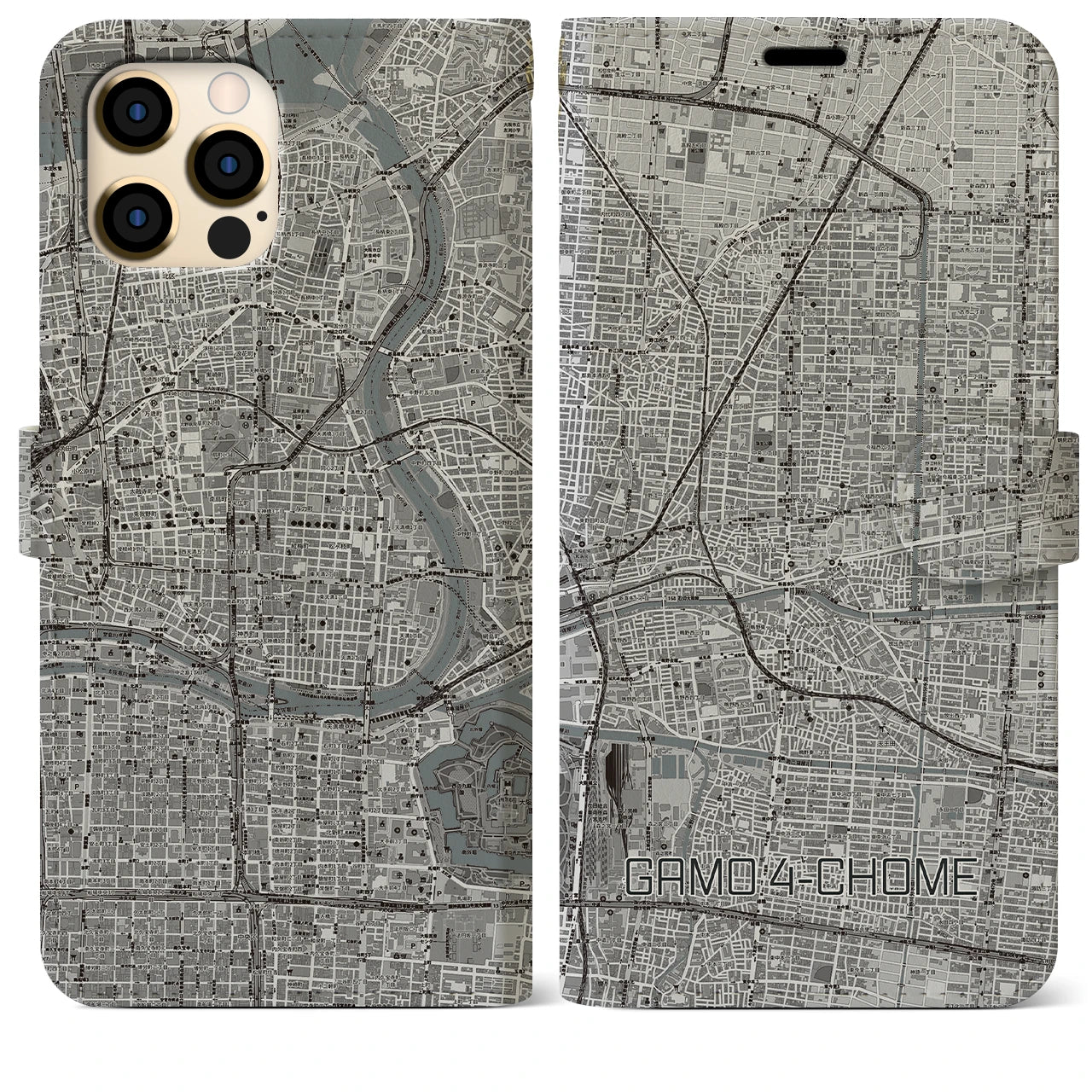 【蒲生四丁目(大阪府)】地図柄iPhoneケース(手帳タイプ)モノトーン・iPhone 12 Pro Max 用