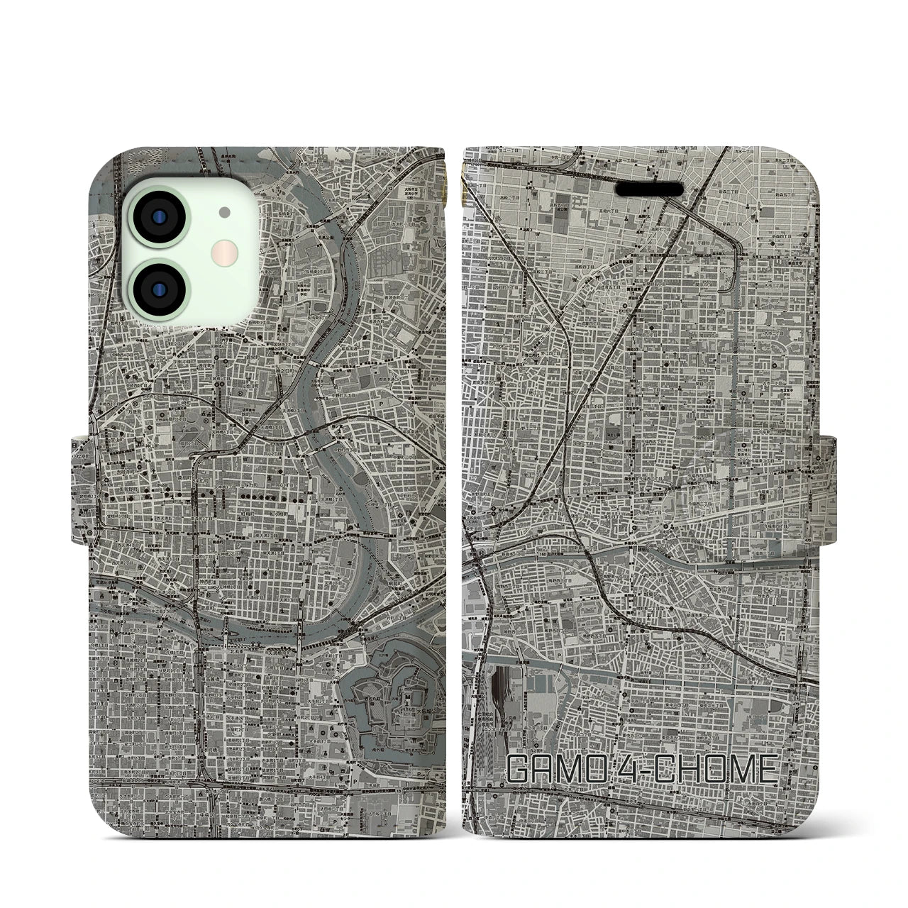 【蒲生四丁目(大阪府)】地図柄iPhoneケース(手帳タイプ)モノトーン・iPhone 12 mini 用