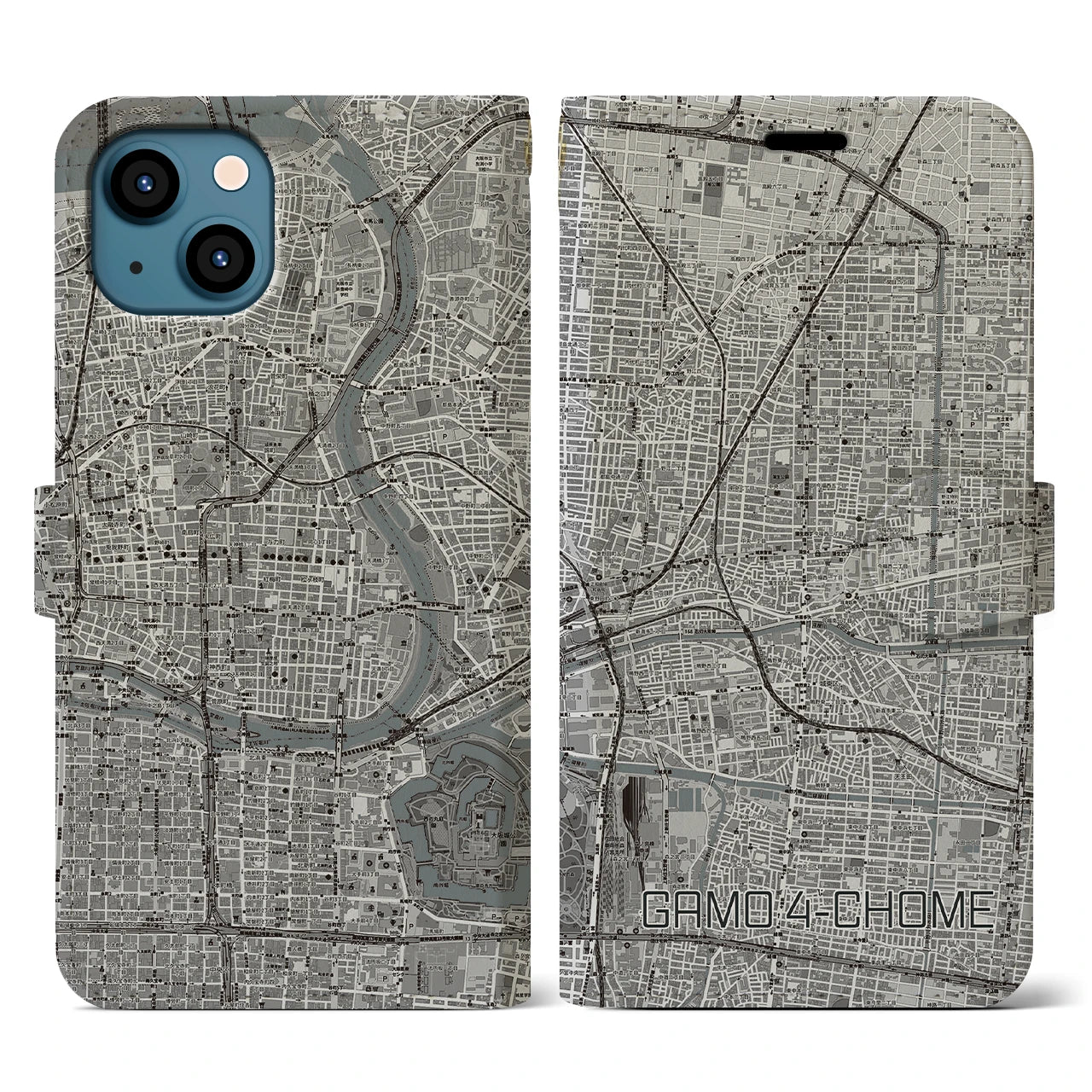 【蒲生四丁目(大阪府)】地図柄iPhoneケース(手帳タイプ)モノトーン・iPhone 13 用