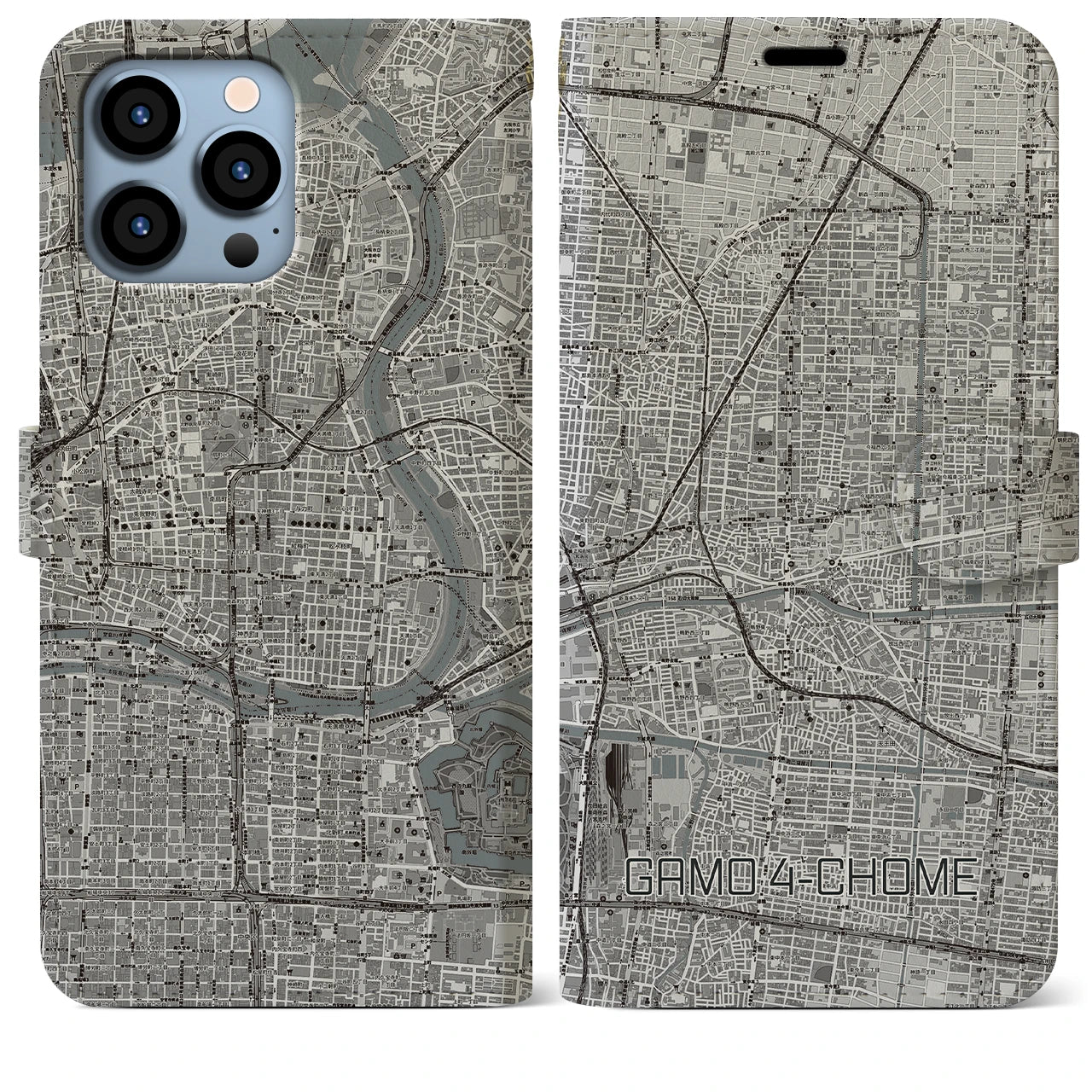 【蒲生四丁目(大阪府)】地図柄iPhoneケース(手帳タイプ)モノトーン・iPhone 13 Pro Max 用