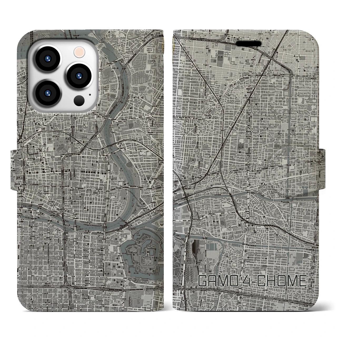 【蒲生四丁目(大阪府)】地図柄iPhoneケース(手帳タイプ)モノトーン・iPhone 13 Pro 用