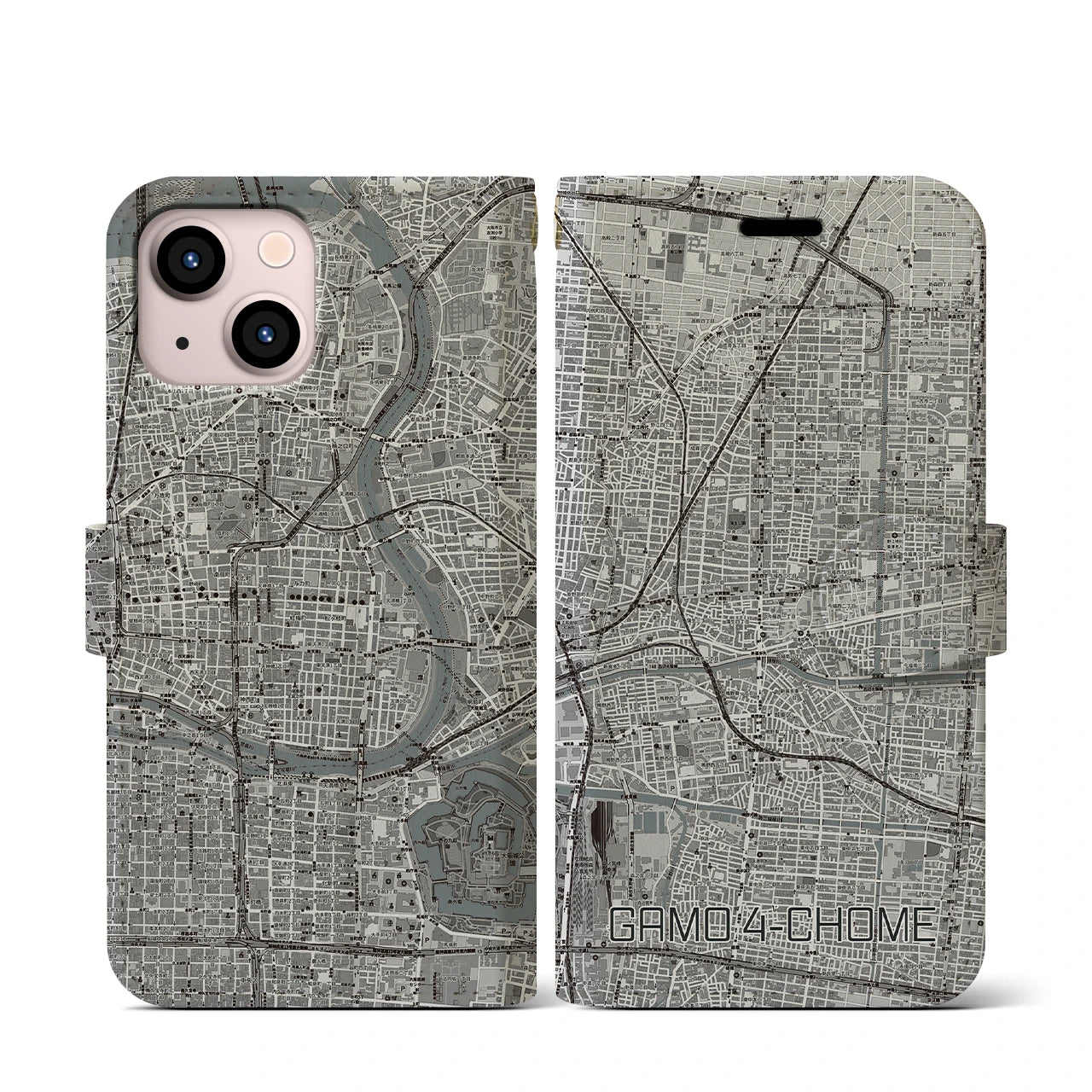 【蒲生四丁目(大阪府)】地図柄iPhoneケース(手帳タイプ)モノトーン・iPhone 13 mini 用