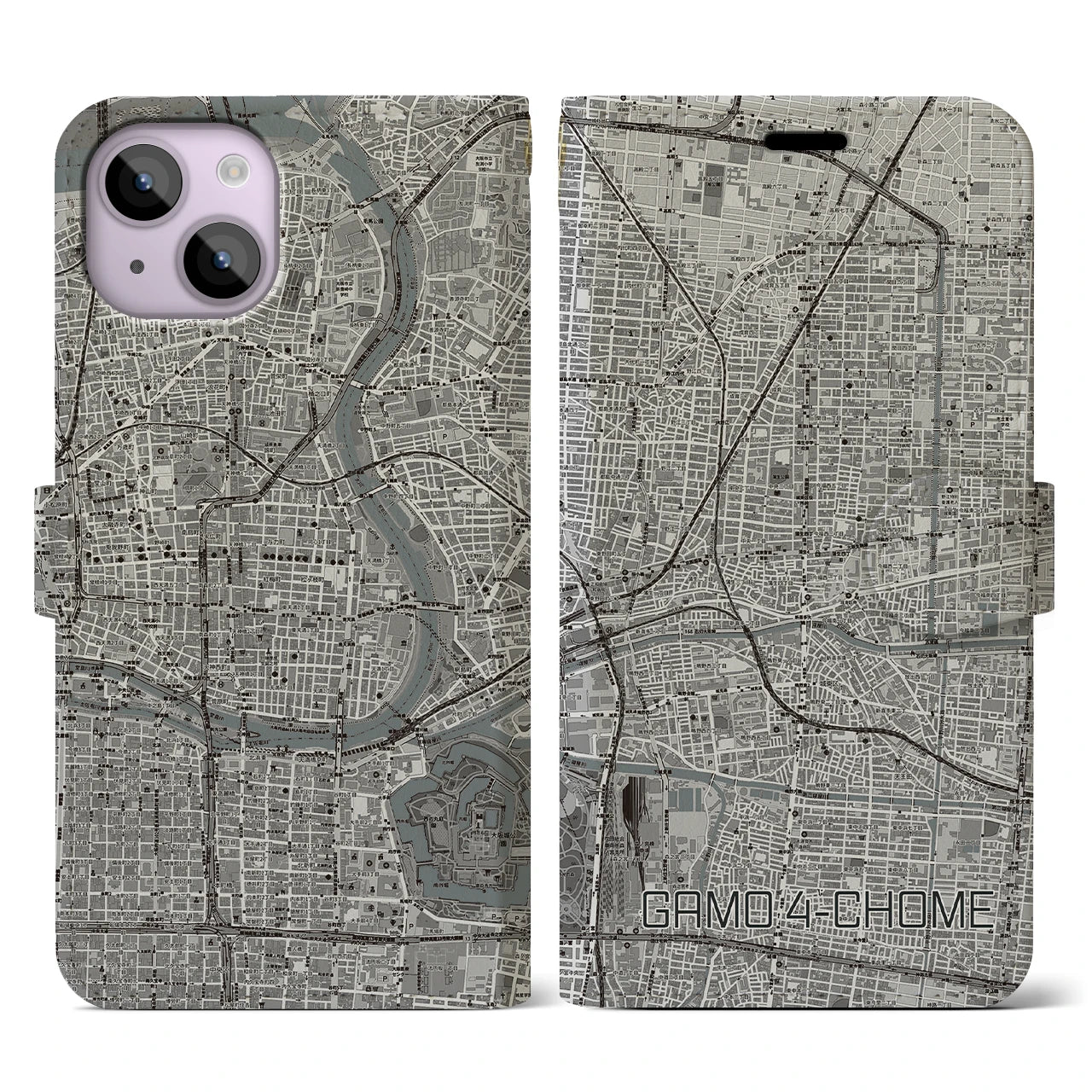 【蒲生四丁目(大阪府)】地図柄iPhoneケース(手帳タイプ)モノトーン・iPhone 14 用