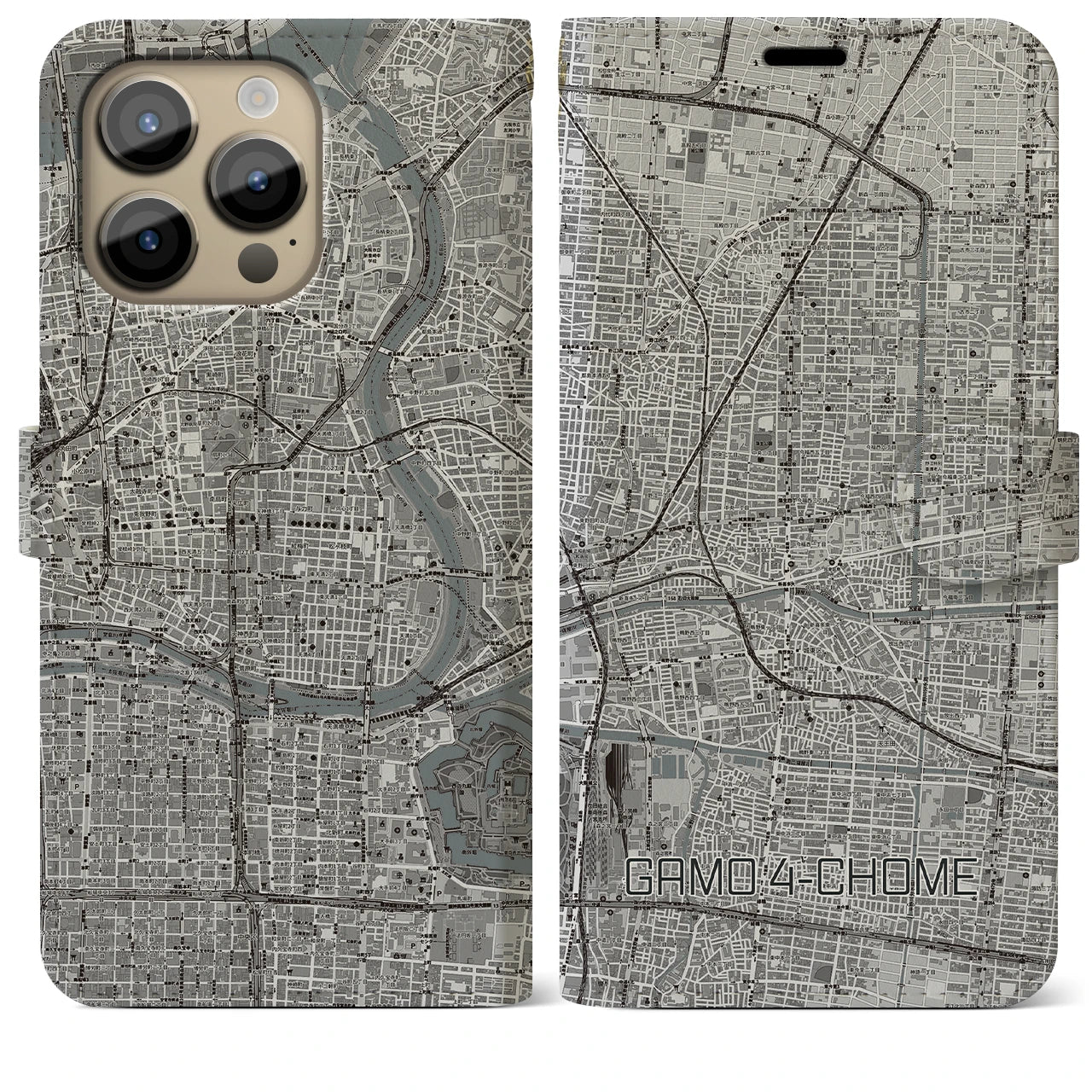 【蒲生四丁目(大阪府)】地図柄iPhoneケース(手帳タイプ)モノトーン・iPhone 14 Pro Max 用