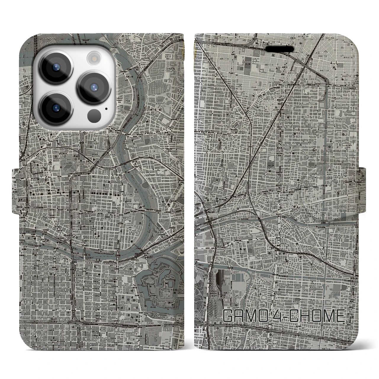 【蒲生四丁目(大阪府)】地図柄iPhoneケース(手帳タイプ)モノトーン・iPhone 14 Pro 用
