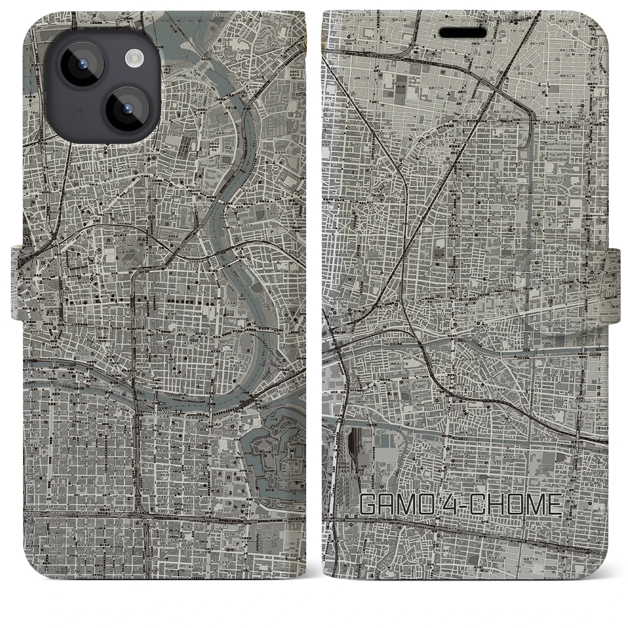 【蒲生四丁目(大阪府)】地図柄iPhoneケース(手帳タイプ)モノトーン・iPhone 14 Plus 用
