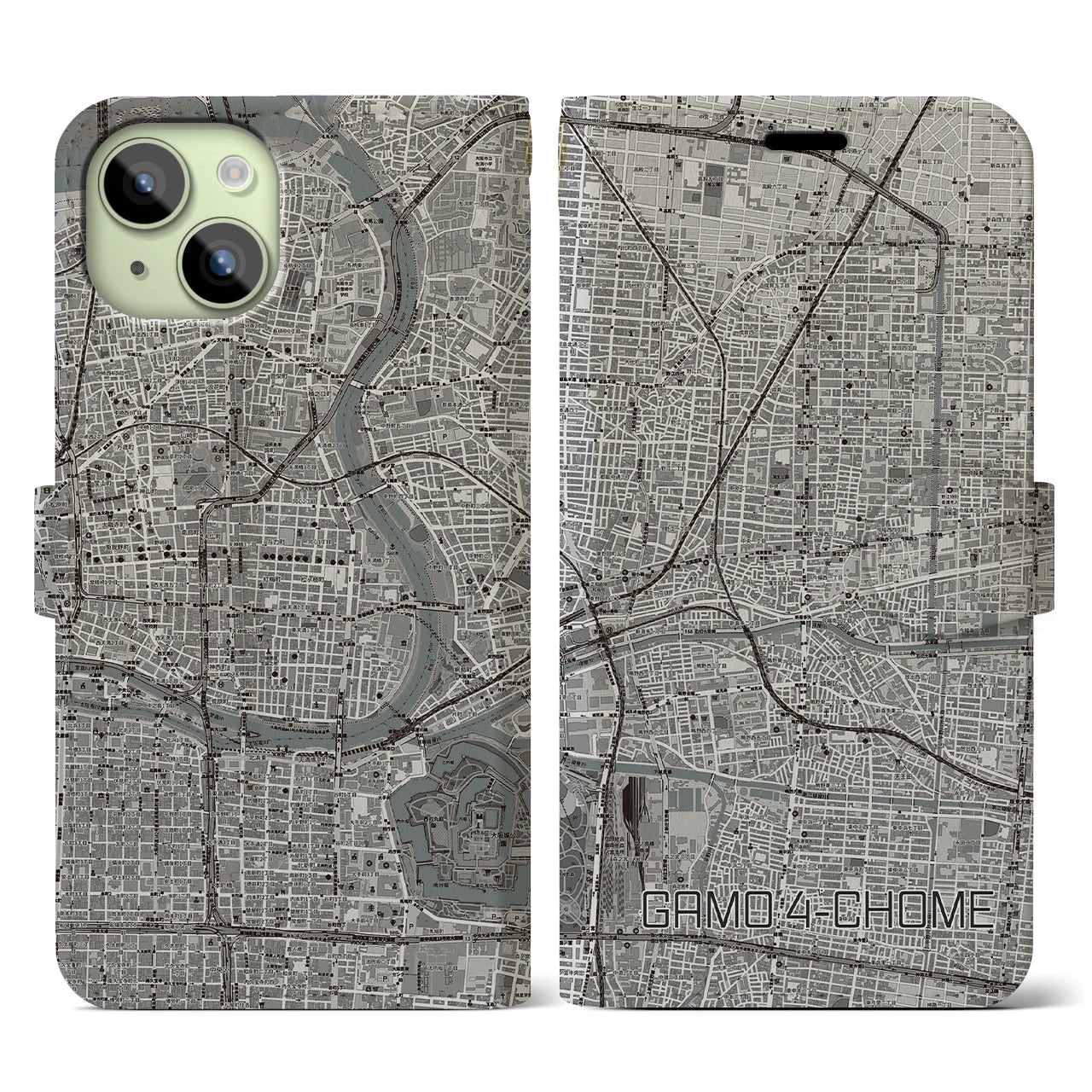 【蒲生四丁目(大阪府)】地図柄iPhoneケース(手帳タイプ)モノトーン・iPhone 15 用