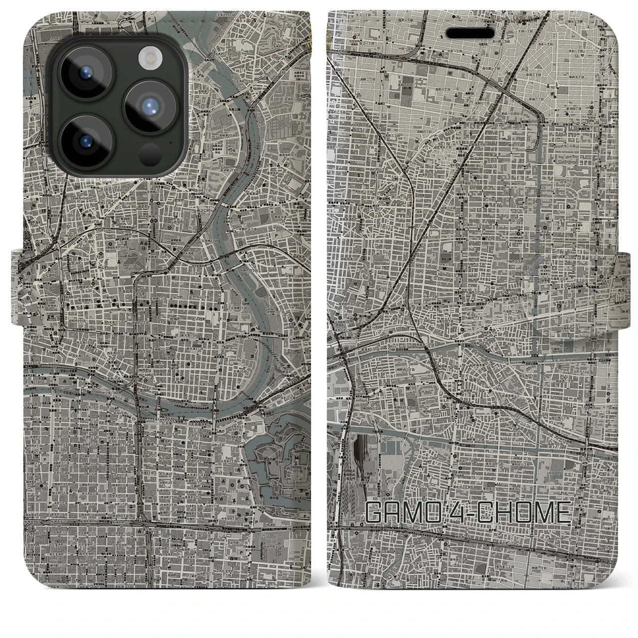 【蒲生四丁目(大阪府)】地図柄iPhoneケース(手帳タイプ)モノトーン・iPhone 15 Pro Max 用