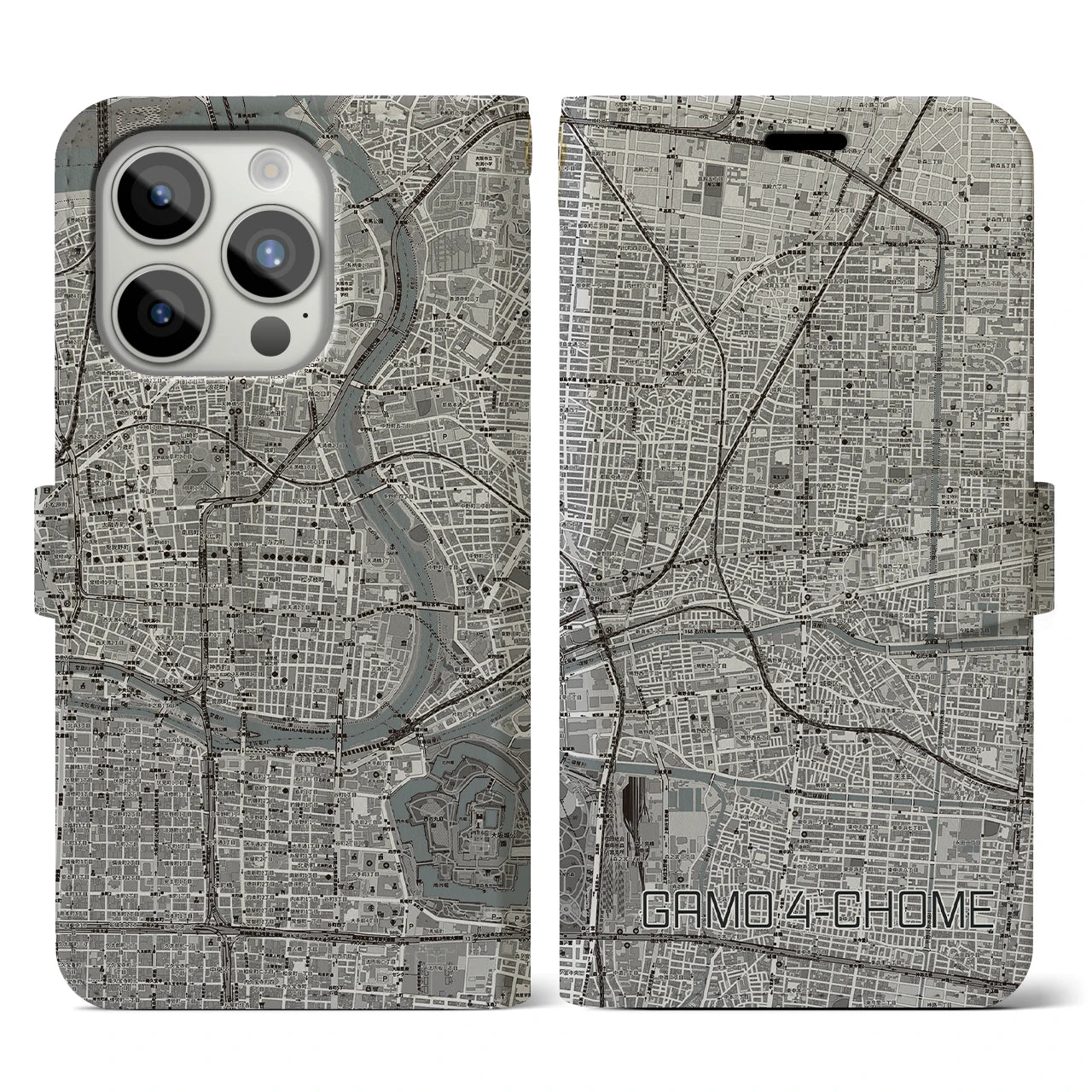 【蒲生四丁目(大阪府)】地図柄iPhoneケース(手帳タイプ)モノトーン・iPhone 15 Pro 用