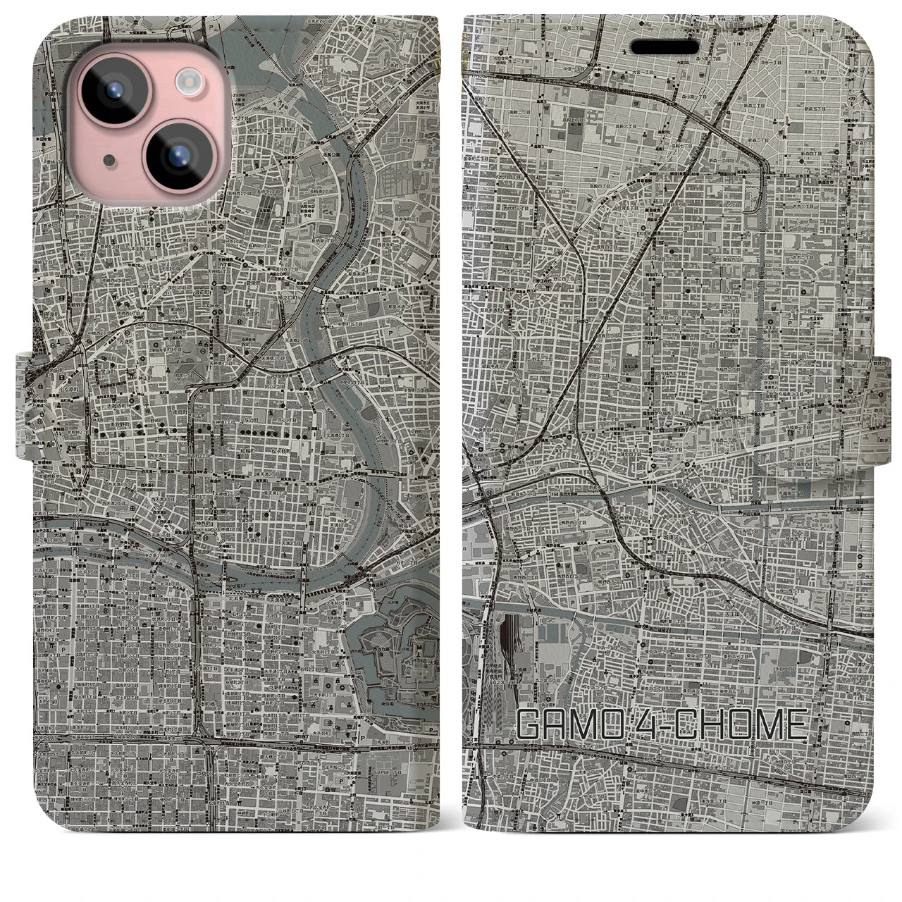 【蒲生四丁目(大阪府)】地図柄iPhoneケース(手帳タイプ)モノトーン・iPhone 15 Plus 用