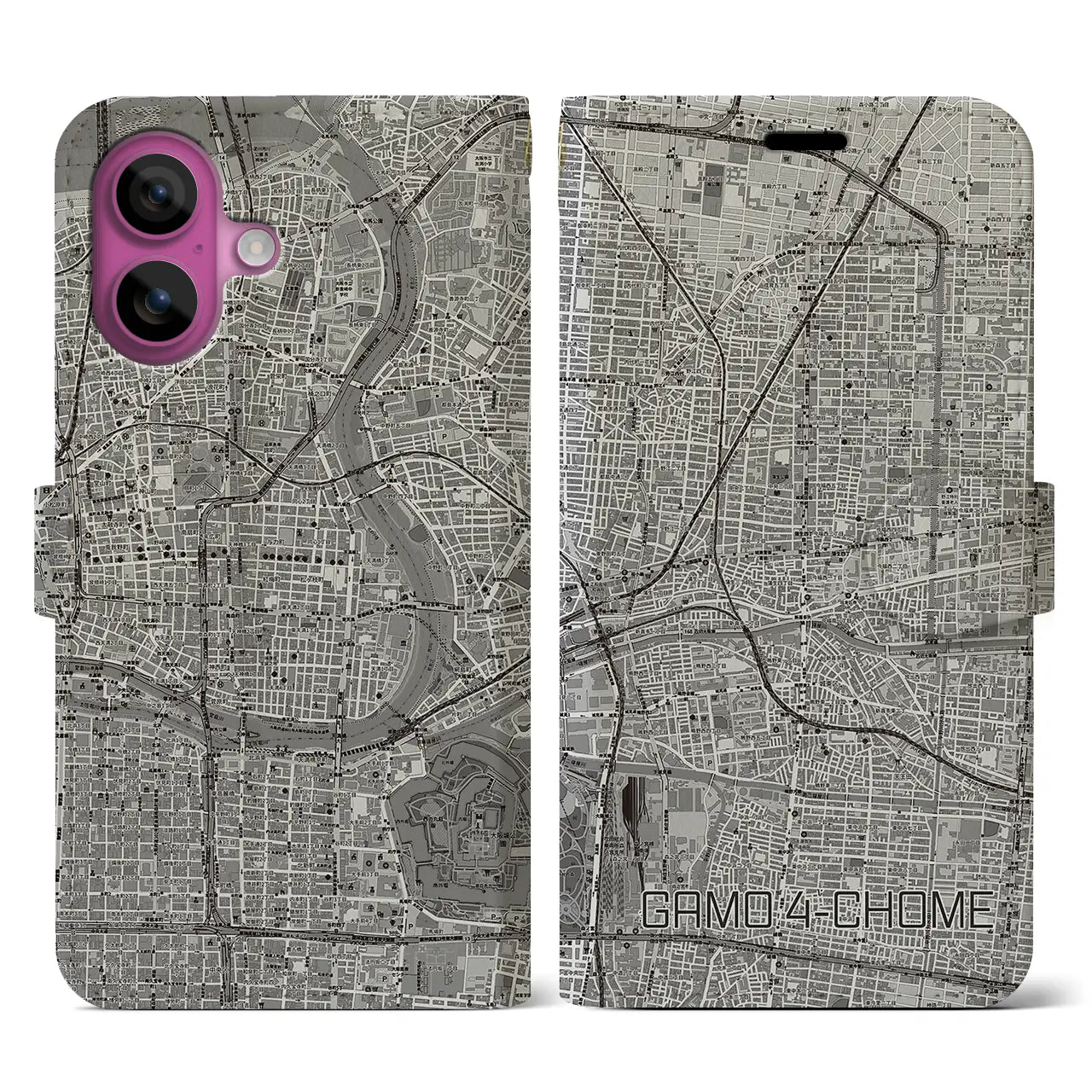【蒲生四丁目(大阪府)】地図柄iPhoneケース(手帳タイプ)モノトーン・iPhone 16 Pro 用
