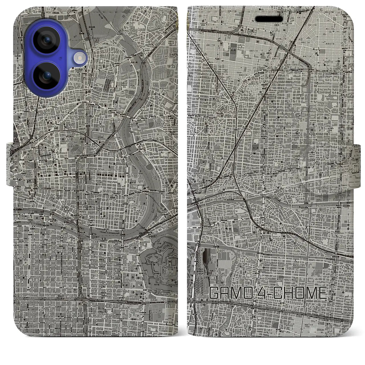 【蒲生四丁目(大阪府)】地図柄iPhoneケース(手帳タイプ)モノトーン・iPhone 16 Pro Max 用