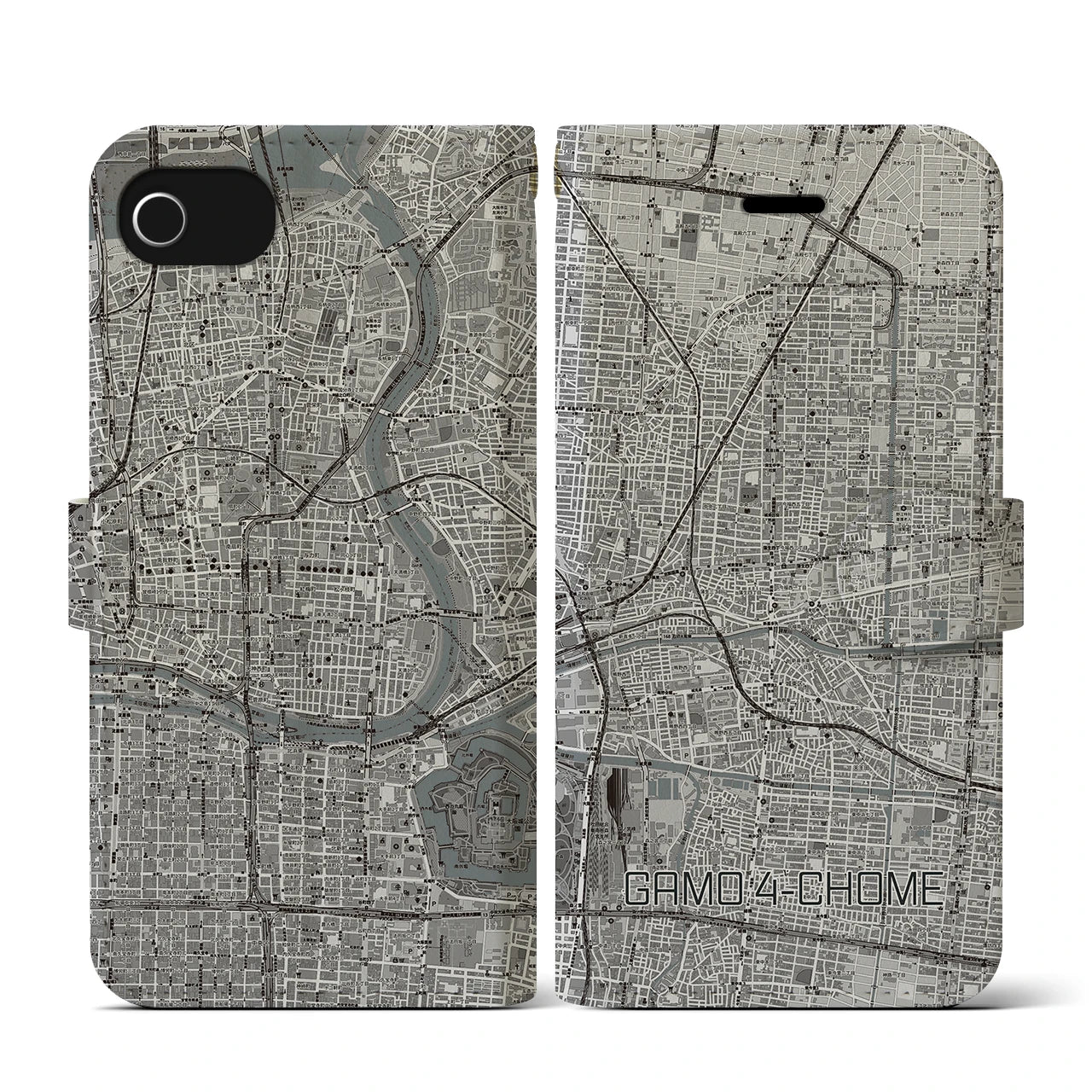 【蒲生四丁目(大阪府)】地図柄iPhoneケース(手帳タイプ)モノトーン・iPhone SE(第3 / 第2世代) / 8 / 7 / 6s / 6 用