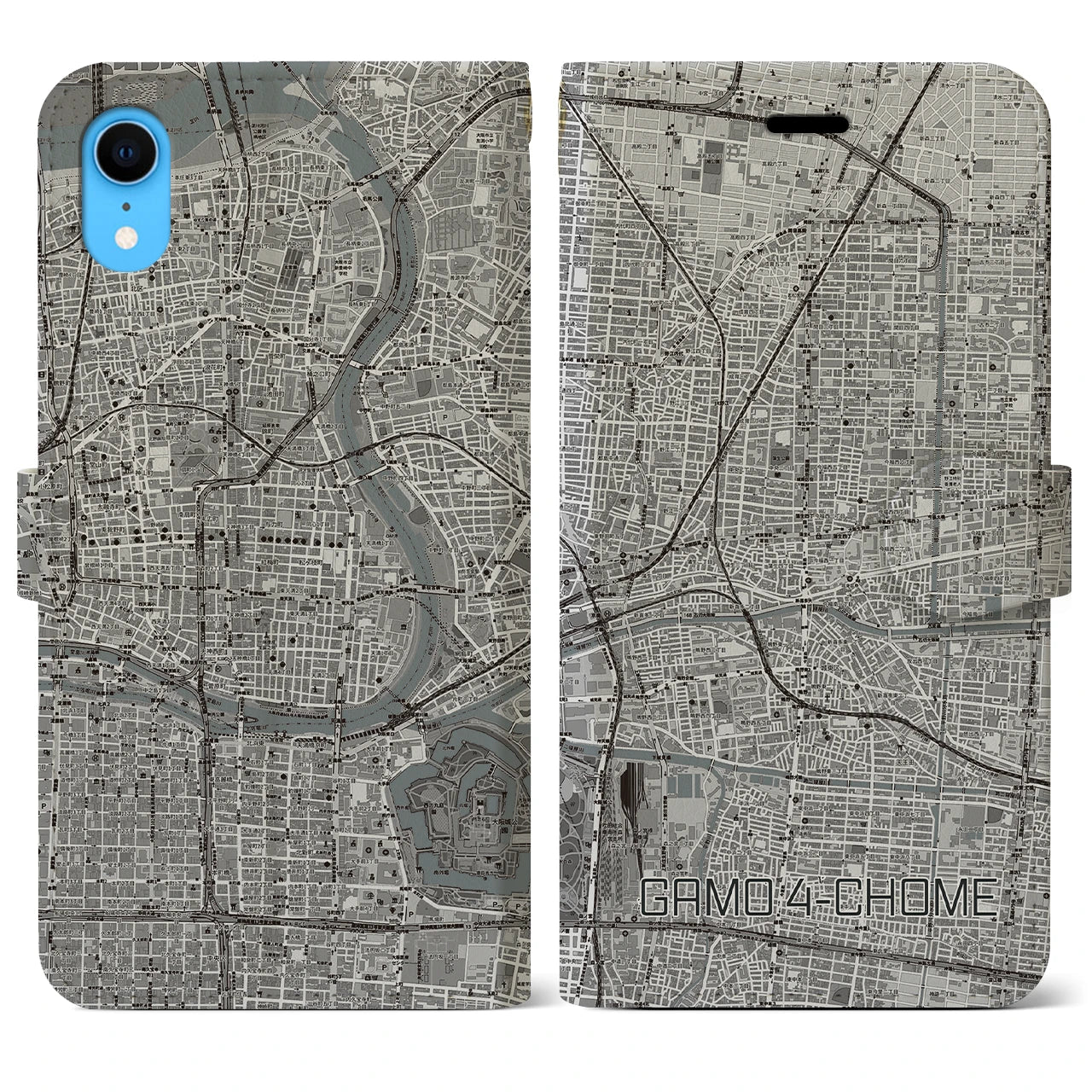 【蒲生四丁目(大阪府)】地図柄iPhoneケース(手帳タイプ)モノトーン・iPhone XR 用