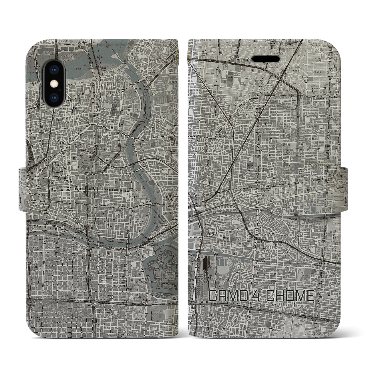 【蒲生四丁目(大阪府)】地図柄iPhoneケース(手帳タイプ)モノトーン・iPhone XS / X 用