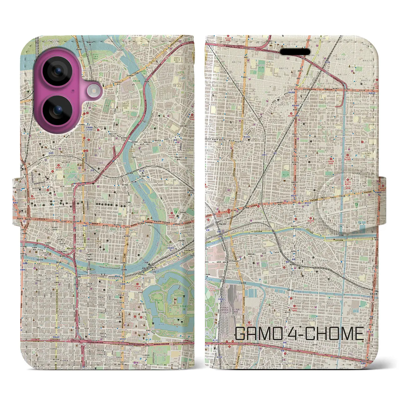 【蒲生四丁目(大阪府)】地図柄iPhoneケース(手帳タイプ)ナチュラル・iPhone 16 Pro 用
