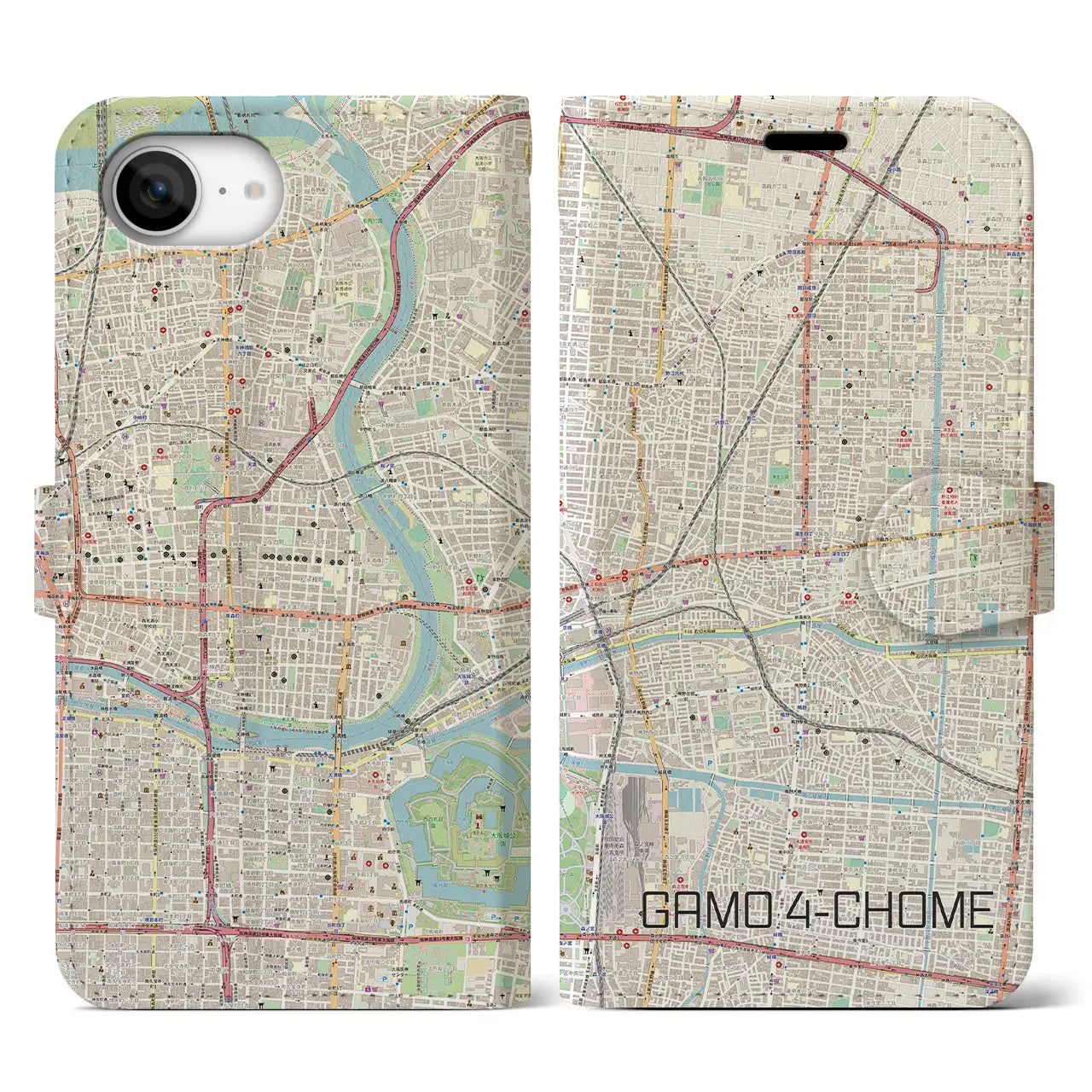 【蒲生四丁目(大阪府)】地図柄iPhoneケース(手帳タイプ)