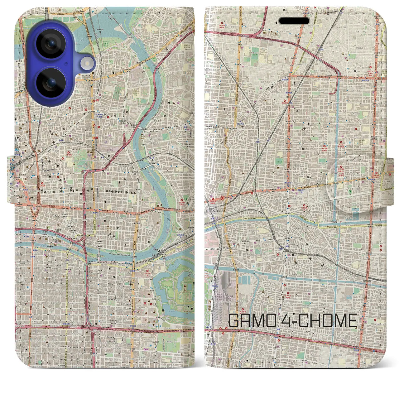 【蒲生四丁目(大阪府)】地図柄iPhoneケース(手帳タイプ)ナチュラル・iPhone 16 Pro Max 用