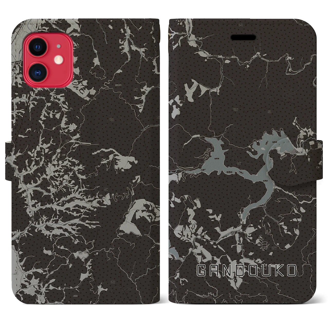 【岩洞湖(岩手県)】地図柄iPhoneケース(手帳タイプ)モノトーン・iPhone 11 用