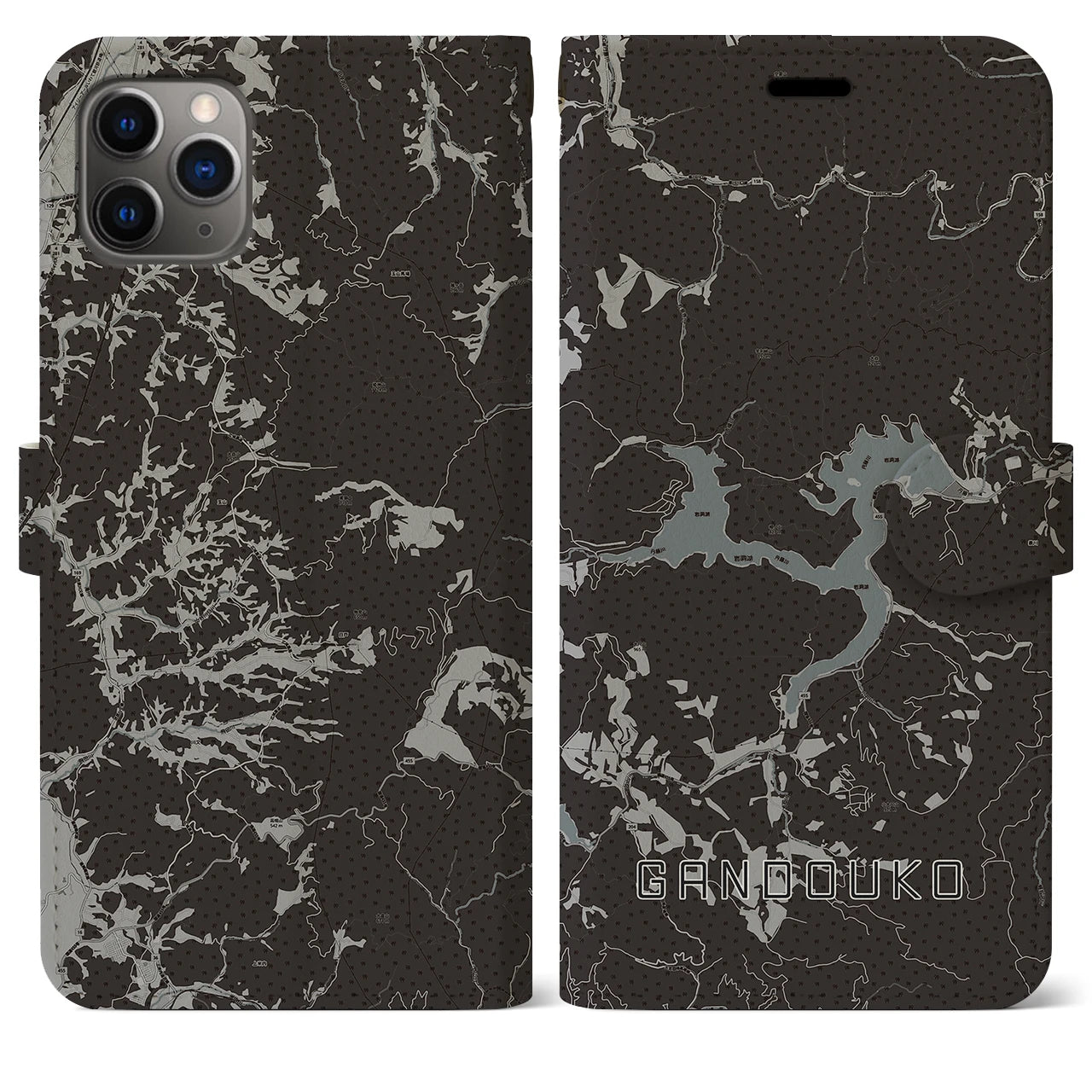 【岩洞湖(岩手県)】地図柄iPhoneケース(手帳タイプ)モノトーン・iPhone 11 Pro Max 用