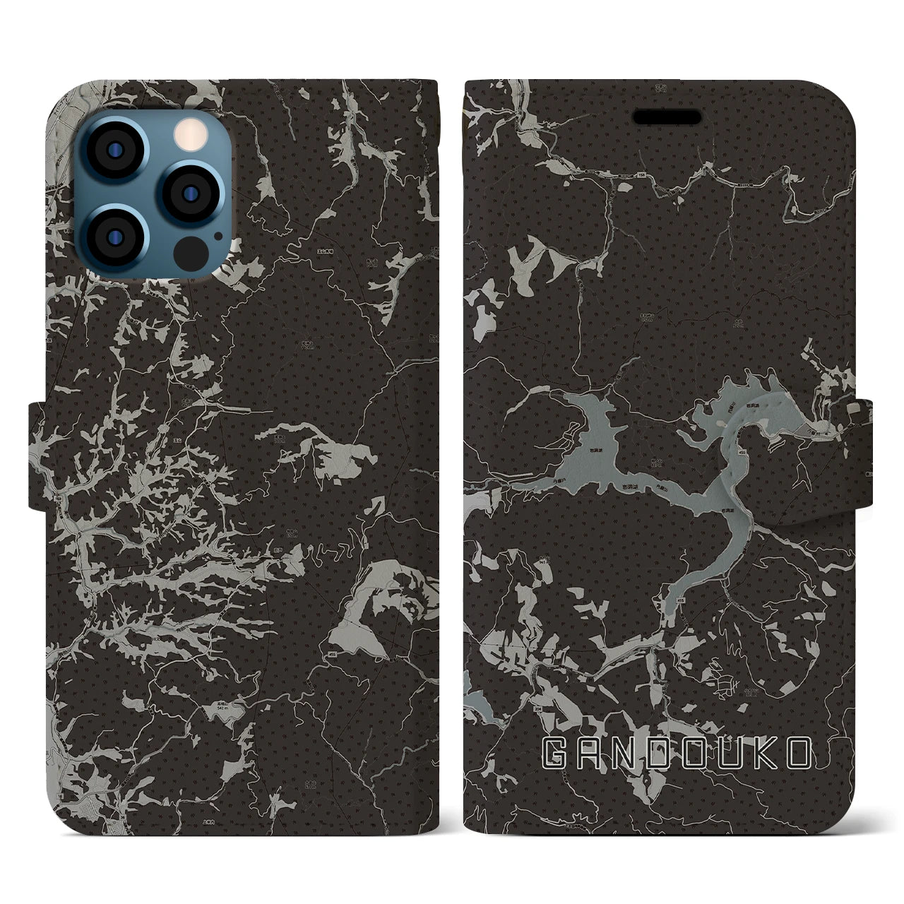 【岩洞湖(岩手県)】地図柄iPhoneケース(手帳タイプ)モノトーン・iPhone 12 / 12 Pro 用
