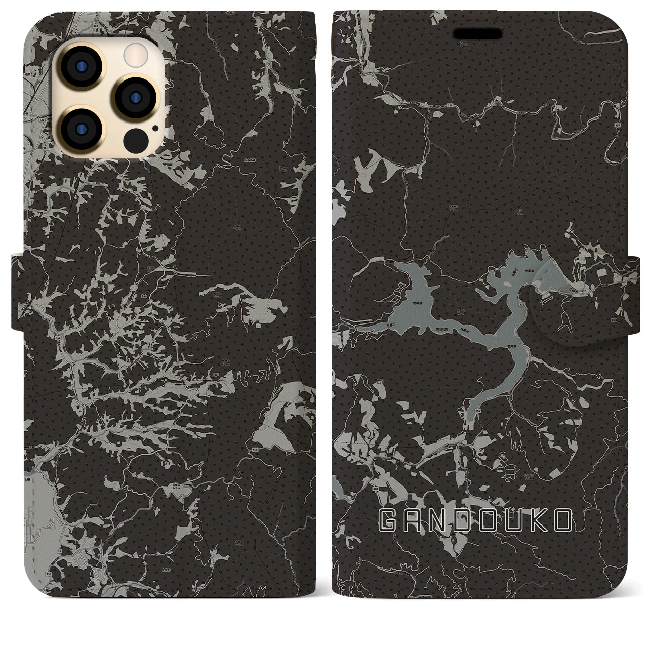 【岩洞湖(岩手県)】地図柄iPhoneケース(手帳タイプ)モノトーン・iPhone 12 Pro Max 用