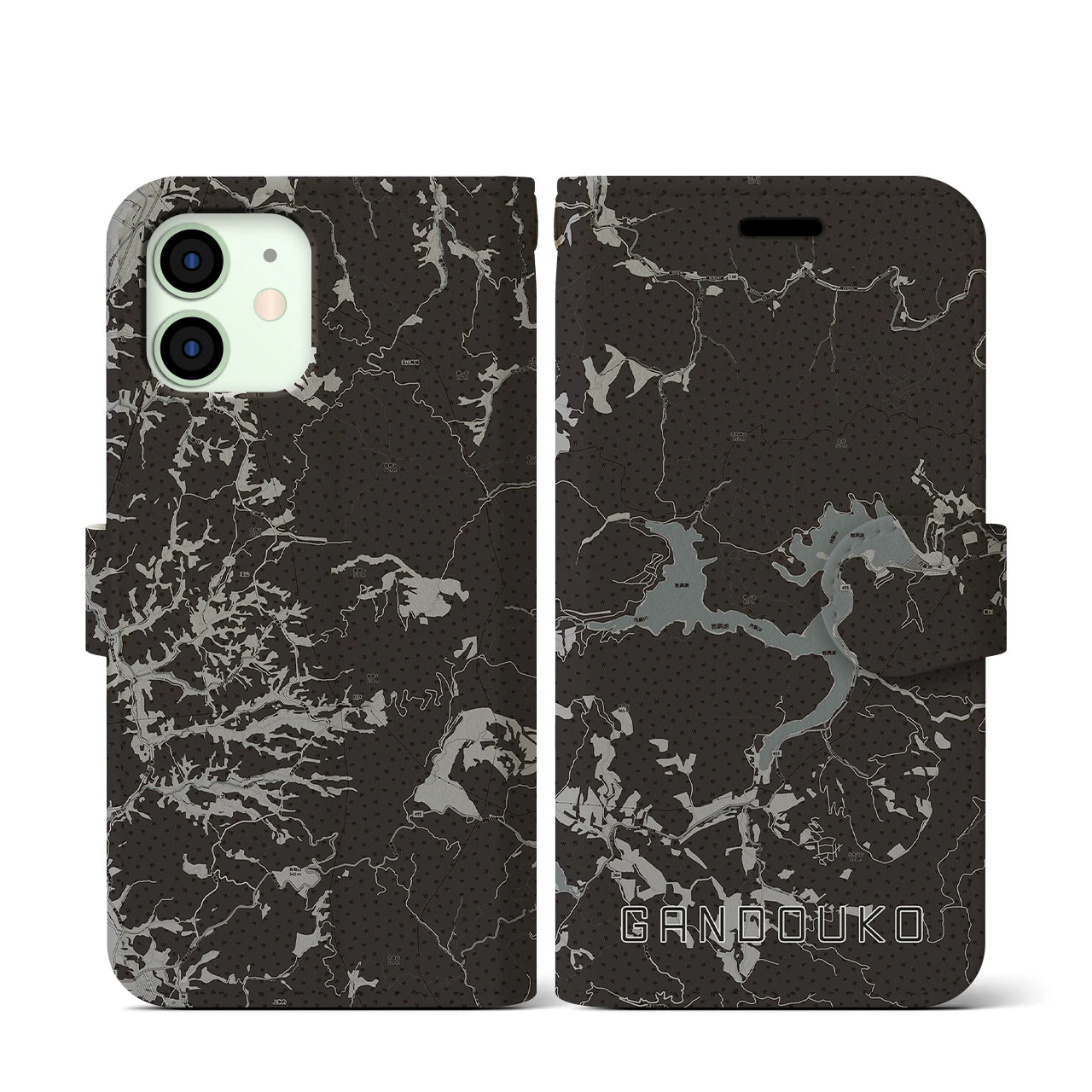 【岩洞湖(岩手県)】地図柄iPhoneケース(手帳タイプ)モノトーン・iPhone 12 mini 用