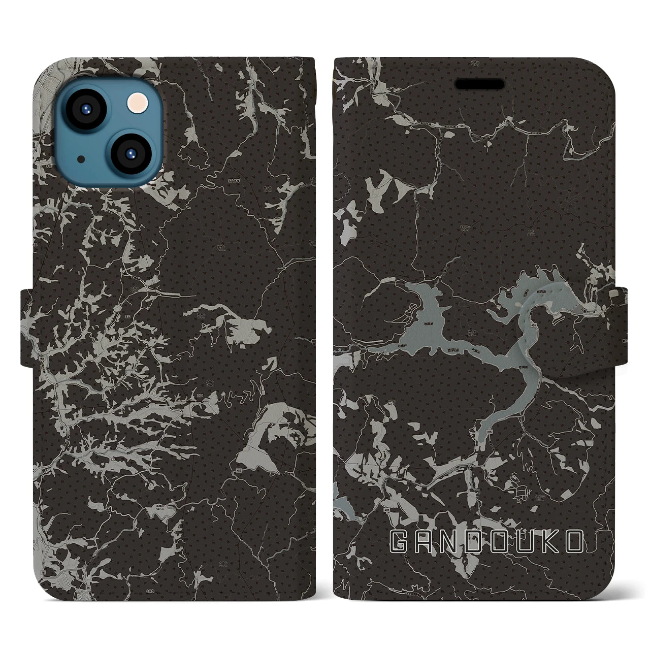 【岩洞湖(岩手県)】地図柄iPhoneケース(手帳タイプ)モノトーン・iPhone 13 用