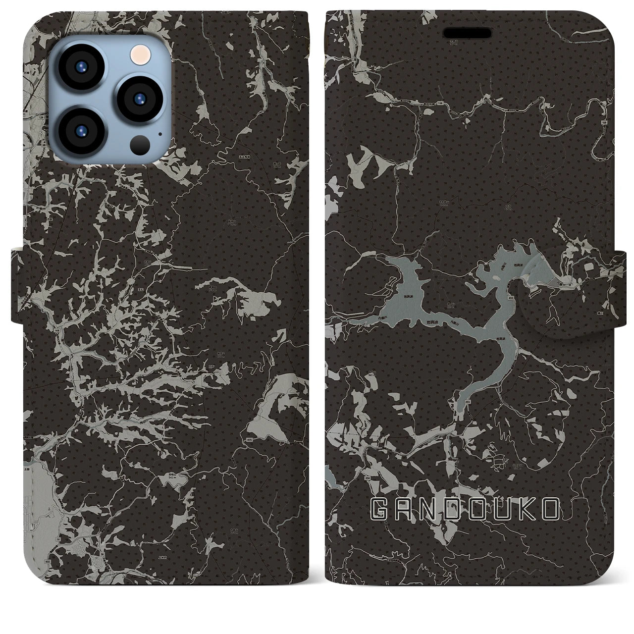 【岩洞湖(岩手県)】地図柄iPhoneケース(手帳タイプ)モノトーン・iPhone 13 Pro Max 用