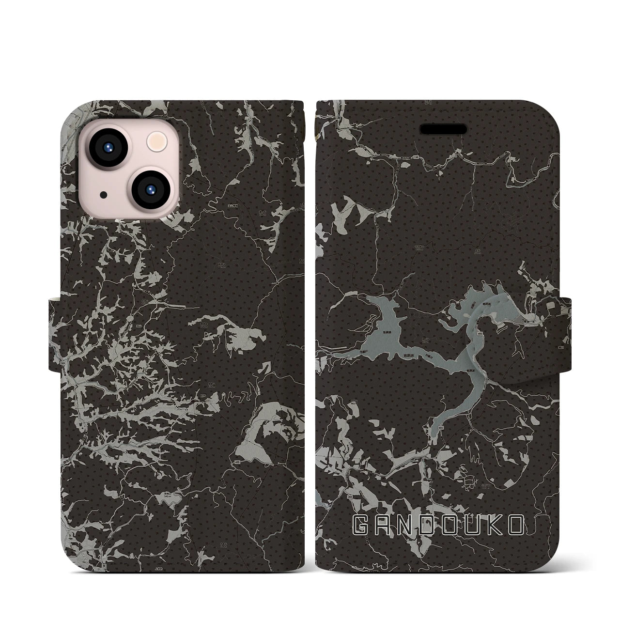 【岩洞湖(岩手県)】地図柄iPhoneケース(手帳タイプ)モノトーン・iPhone 13 mini 用