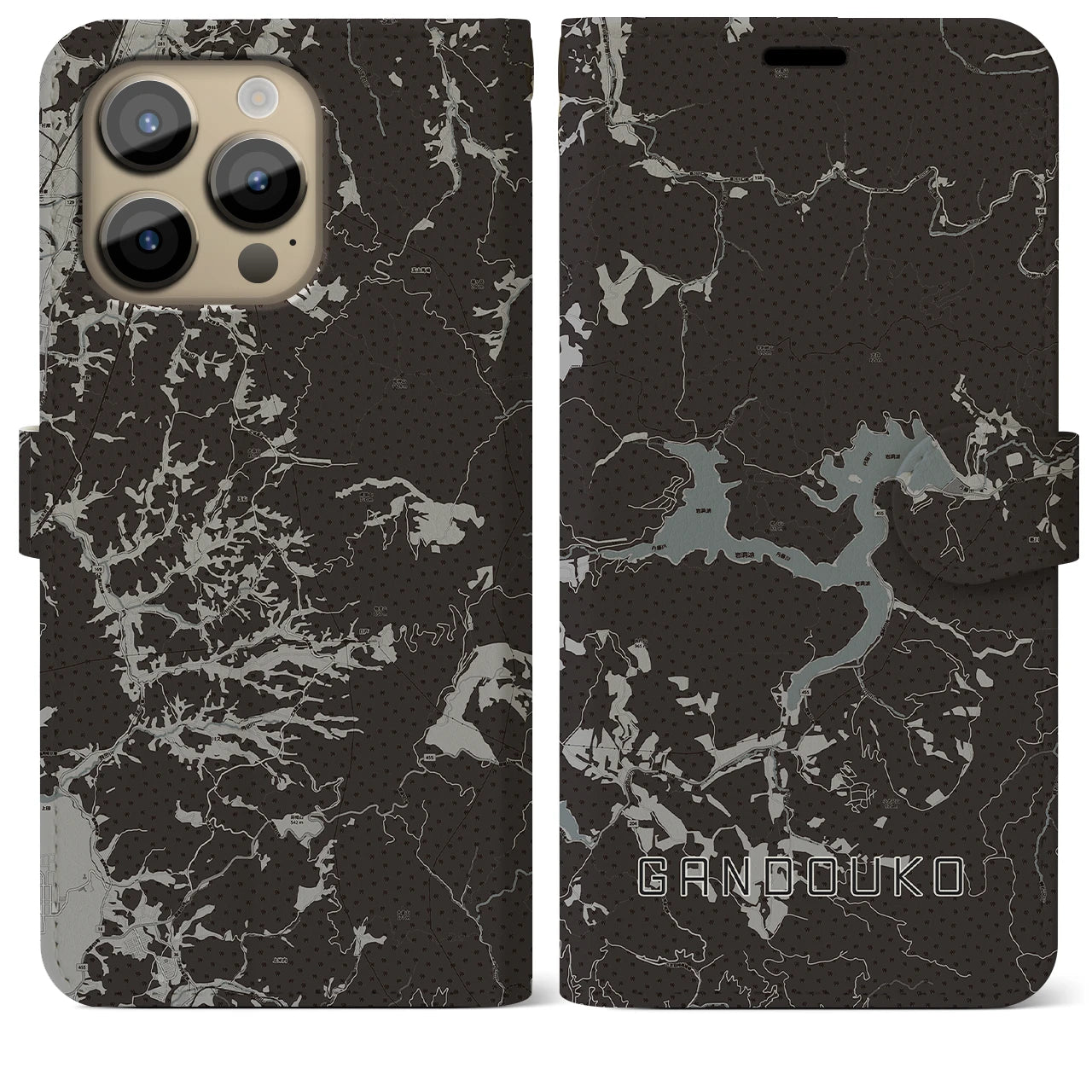 【岩洞湖(岩手県)】地図柄iPhoneケース(手帳タイプ)モノトーン・iPhone 14 Pro Max 用
