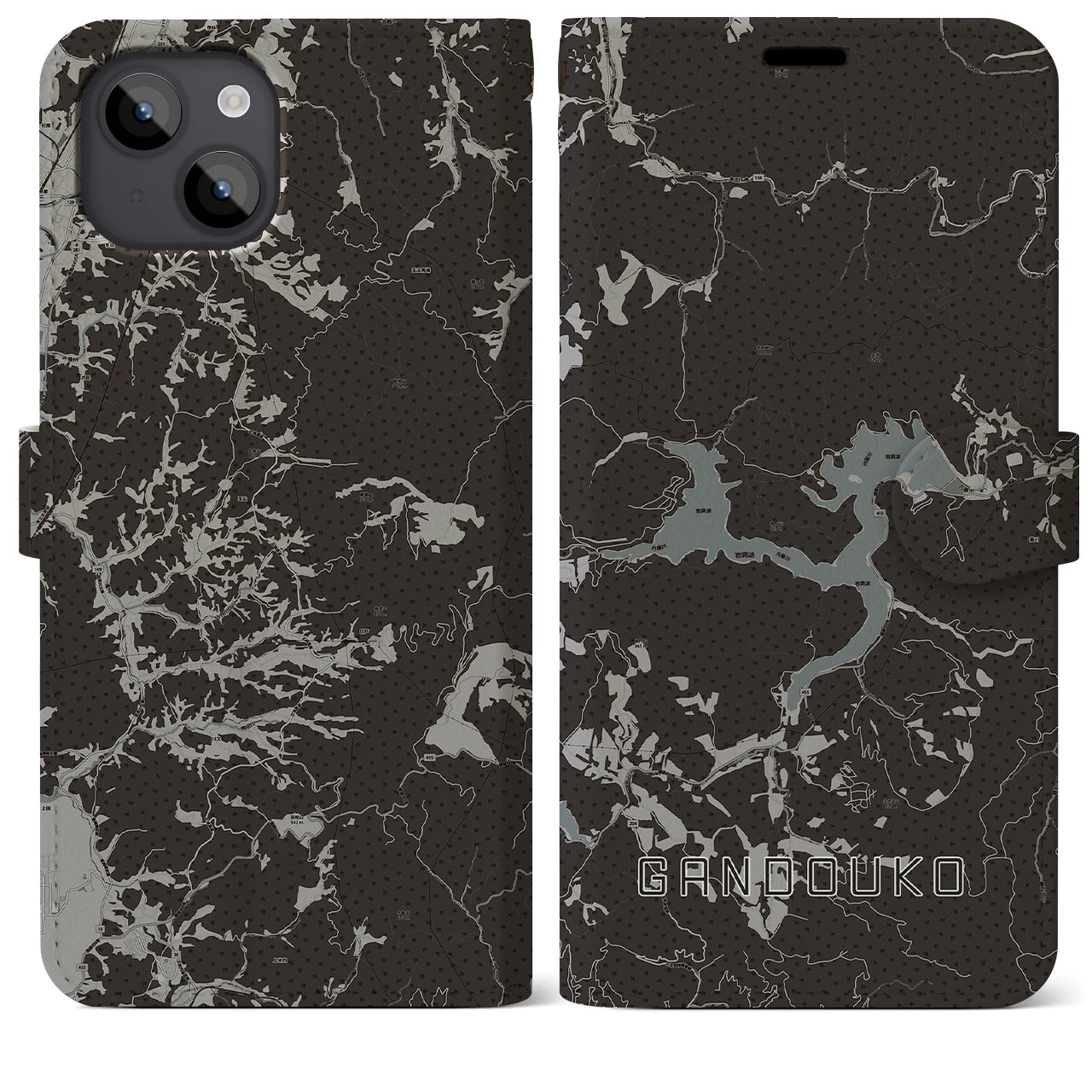 【岩洞湖(岩手県)】地図柄iPhoneケース(手帳タイプ)モノトーン・iPhone 14 Plus 用