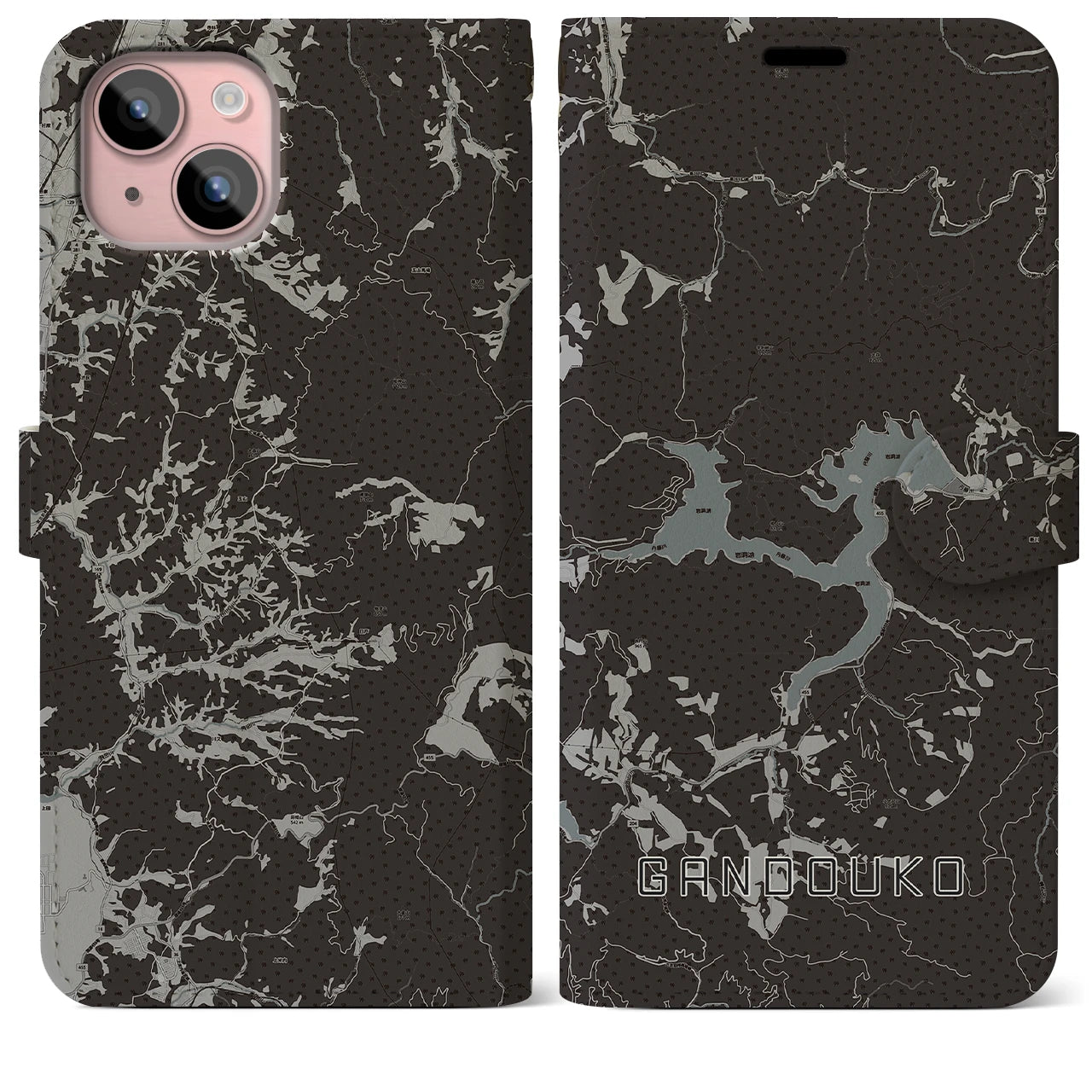 【岩洞湖(岩手県)】地図柄iPhoneケース(手帳タイプ)モノトーン・iPhone 15 Plus 用