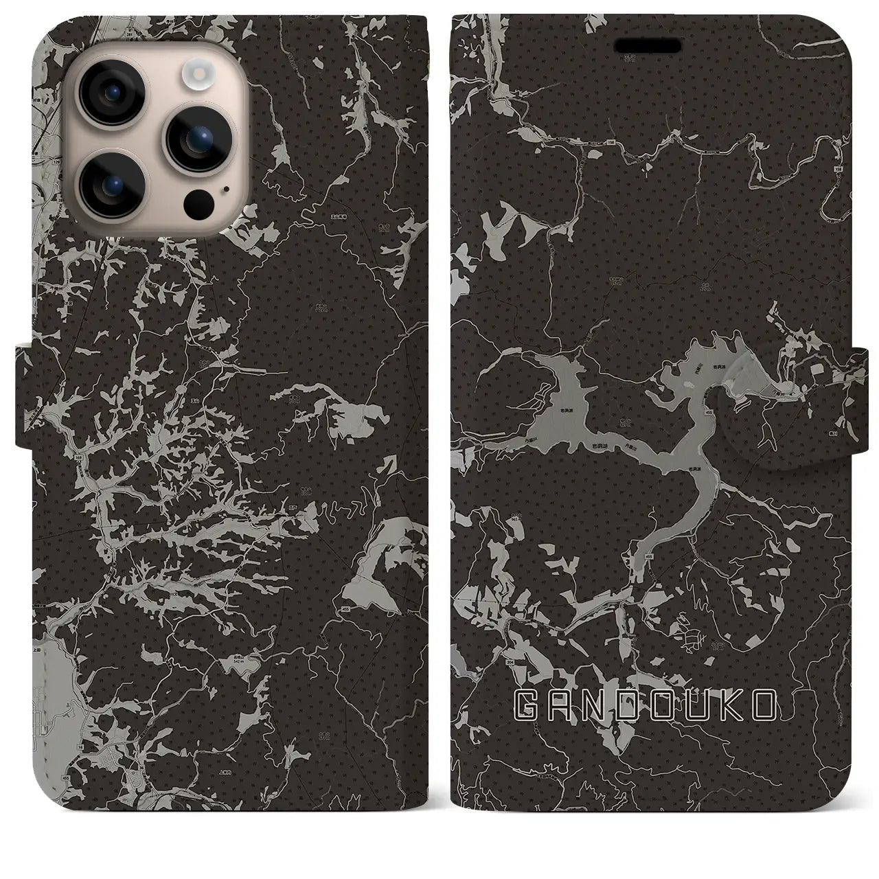 【岩洞湖(岩手県)】地図柄iPhoneケース(手帳タイプ)モノトーン・iPhone 16 Plus 用