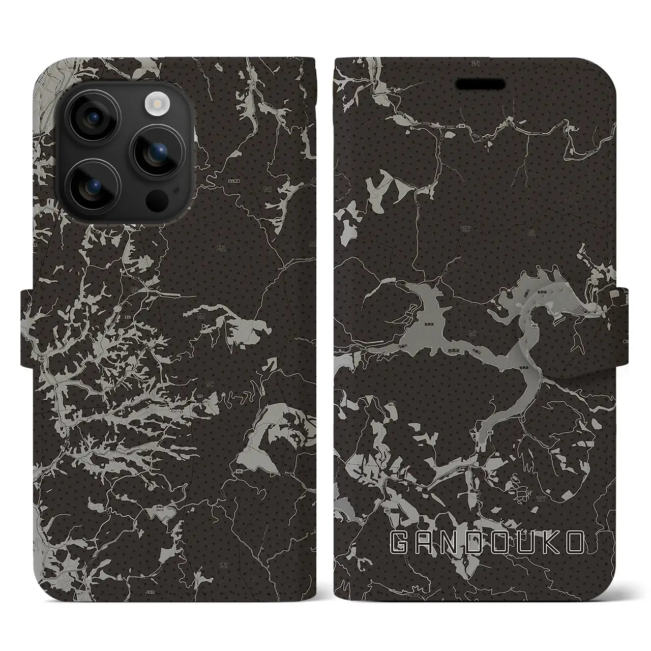 【岩洞湖(岩手県)】地図柄iPhoneケース(手帳タイプ)モノトーン・iPhone 16 用