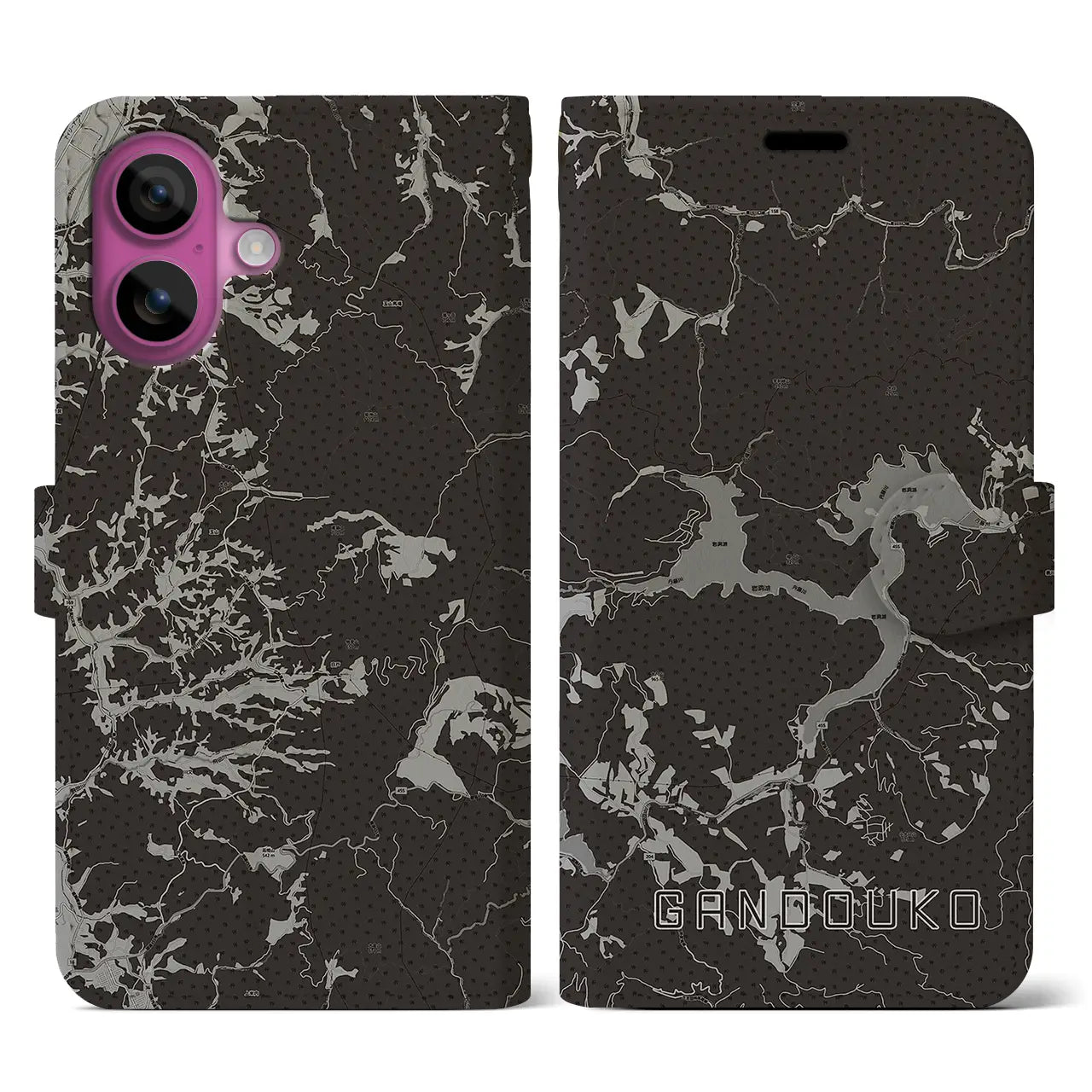 【岩洞湖(岩手県)】地図柄iPhoneケース(手帳タイプ)モノトーン・iPhone 16 Pro 用