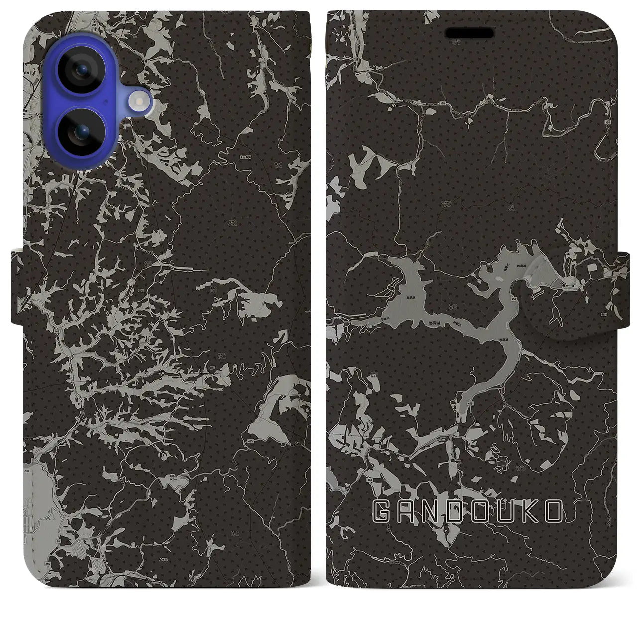 【岩洞湖(岩手県)】地図柄iPhoneケース(手帳タイプ)モノトーン・iPhone 16 Pro Max 用
