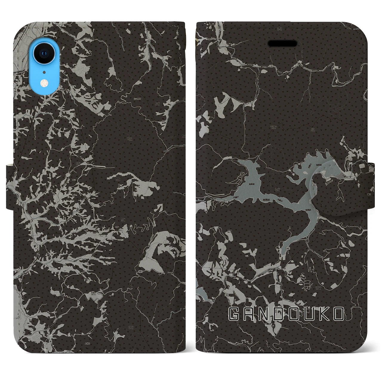 【岩洞湖(岩手県)】地図柄iPhoneケース(手帳タイプ)モノトーン・iPhone XR 用