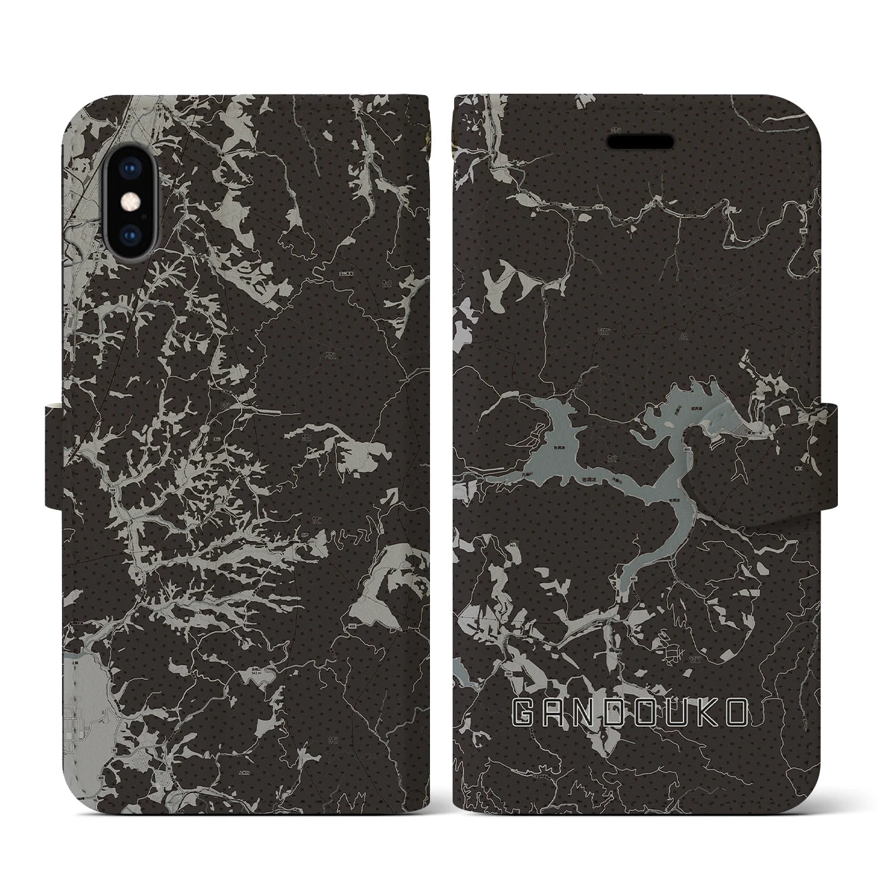 【岩洞湖(岩手県)】地図柄iPhoneケース(手帳タイプ)モノトーン・iPhone XS / X 用