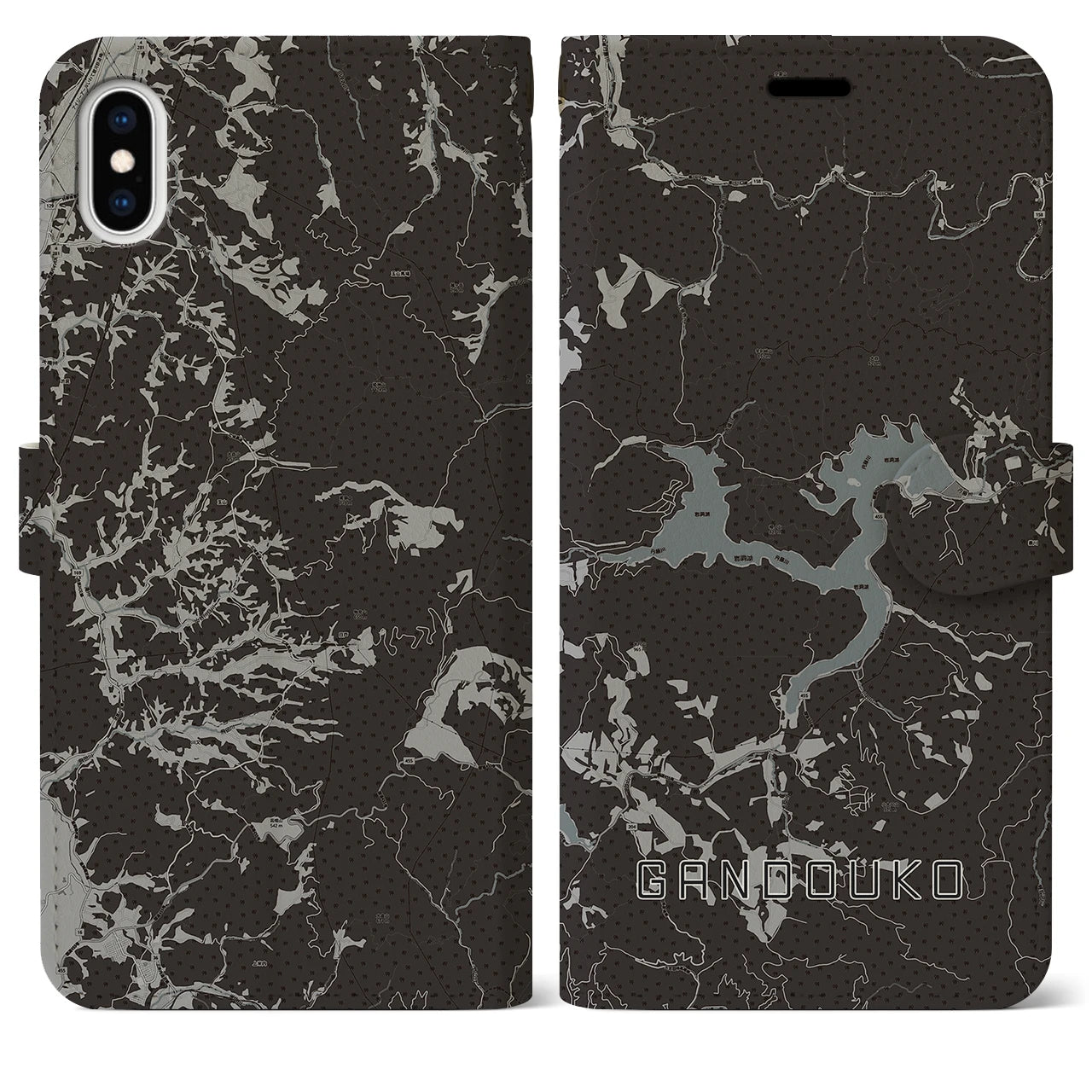 【岩洞湖(岩手県)】地図柄iPhoneケース(手帳タイプ)モノトーン・iPhone XS Max 用