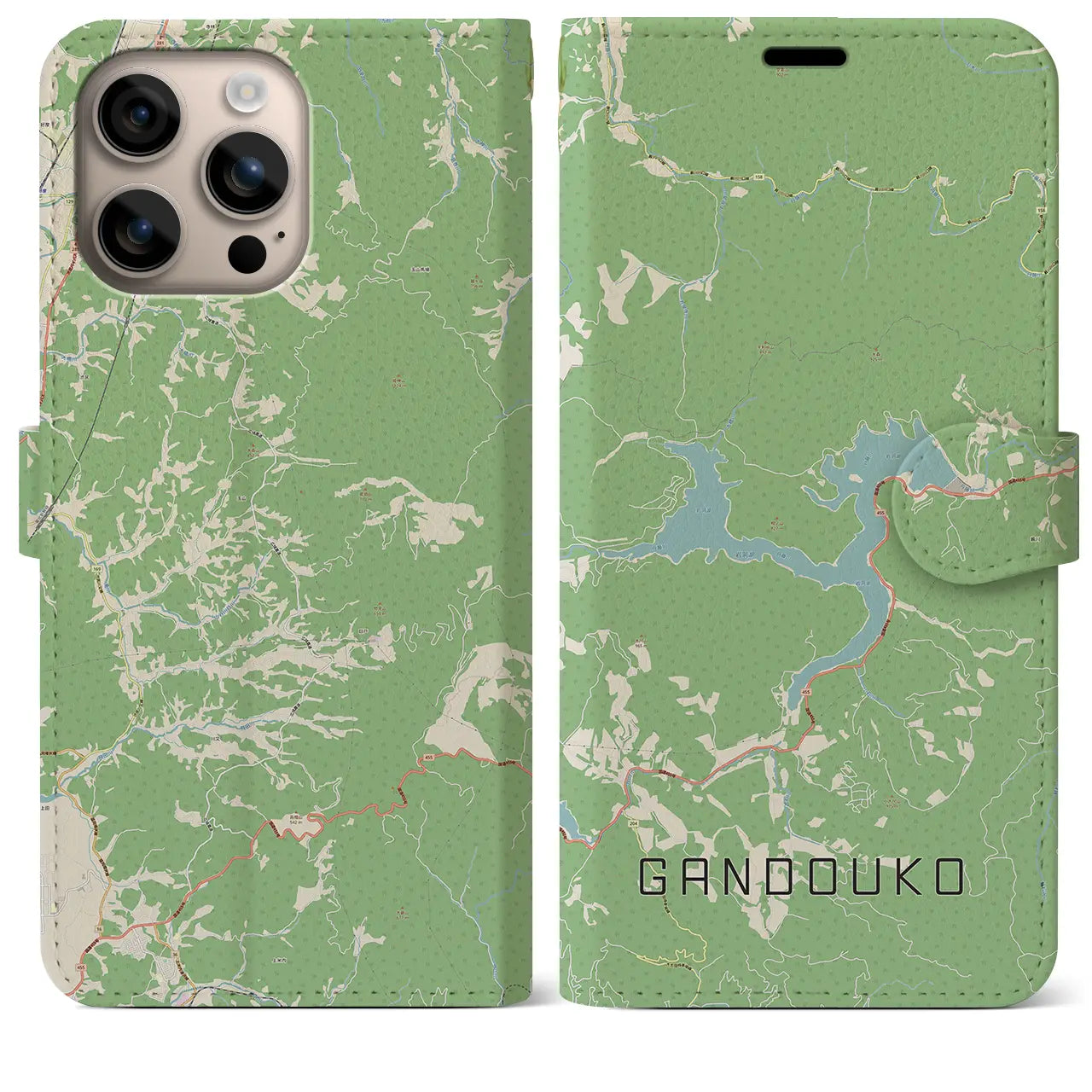 【岩洞湖(岩手県)】地図柄iPhoneケース(手帳タイプ)ナチュラル・iPhone 16 Plus 用