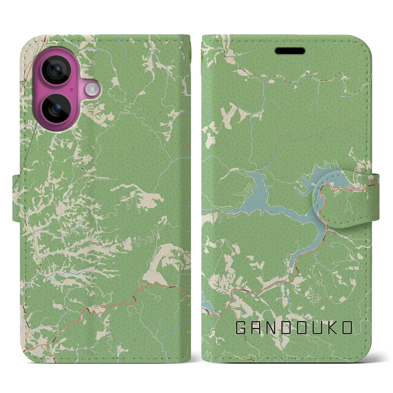 【岩洞湖(岩手県)】地図柄iPhoneケース(手帳タイプ)ナチュラル・iPhone 16 Pro 用