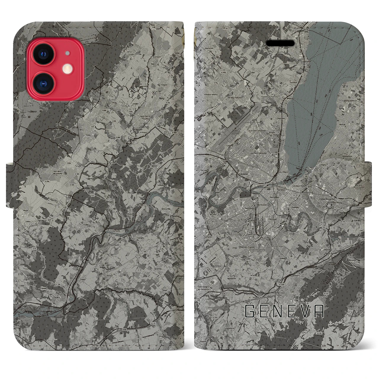 【ジュネーヴ(スイス)】地図柄iPhoneケース(手帳タイプ)モノトーン・iPhone 11 用