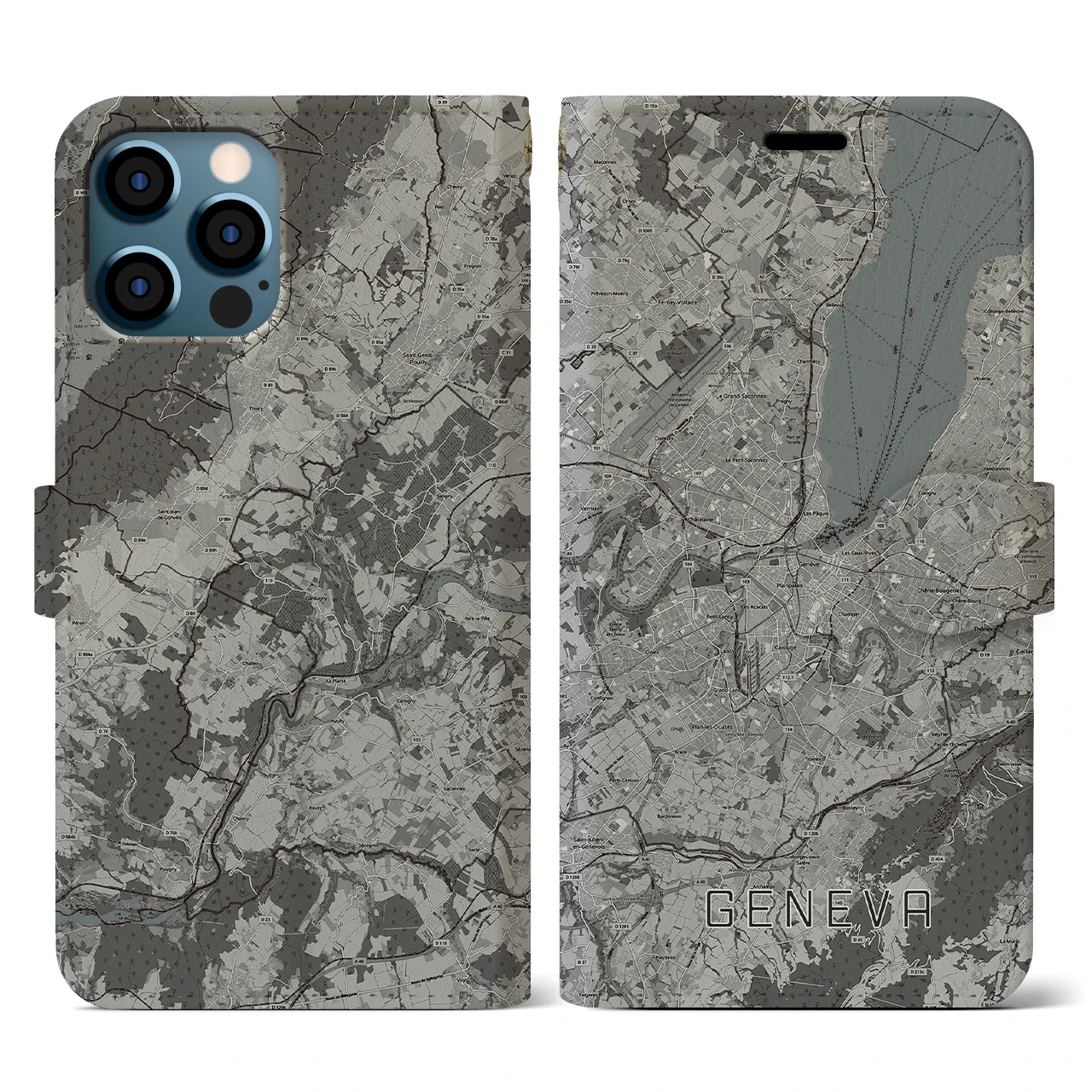 【ジュネーヴ(スイス)】地図柄iPhoneケース(手帳タイプ)モノトーン・iPhone 12 / 12 Pro 用