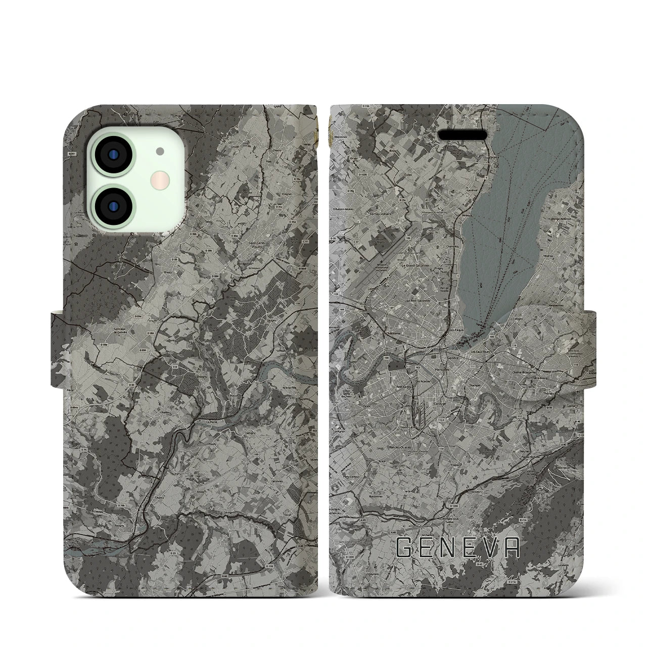 【ジュネーヴ(スイス)】地図柄iPhoneケース(手帳タイプ)モノトーン・iPhone 12 mini 用