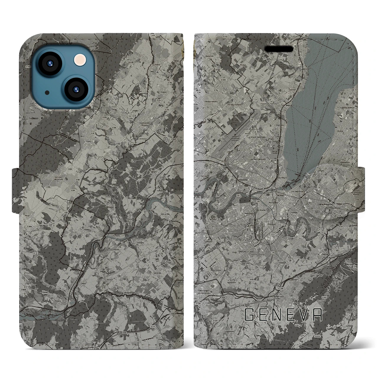 【ジュネーヴ(スイス)】地図柄iPhoneケース(手帳タイプ)モノトーン・iPhone 13 用
