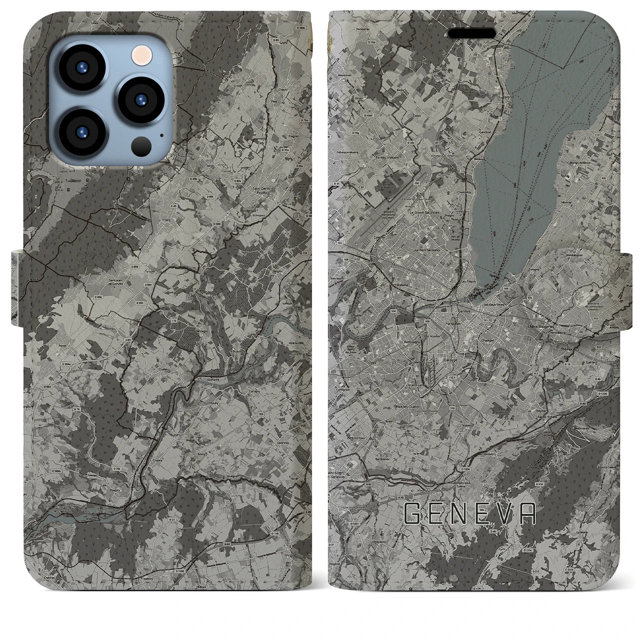 【ジュネーヴ(スイス)】地図柄iPhoneケース(手帳タイプ)モノトーン・iPhone 13 Pro Max 用